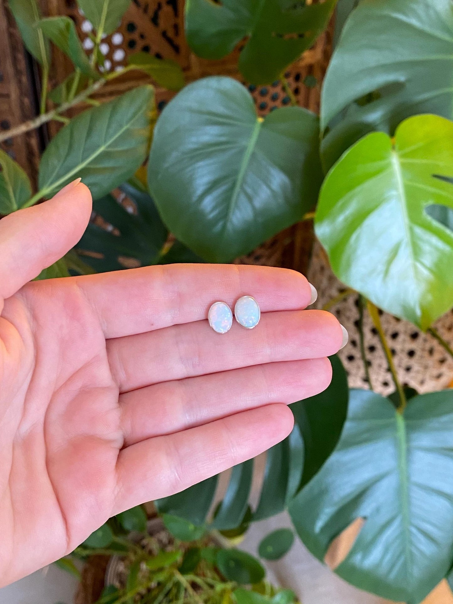 Vintage Solid Platinum Opal w/ 14k White Gold Posts Stud Earrings