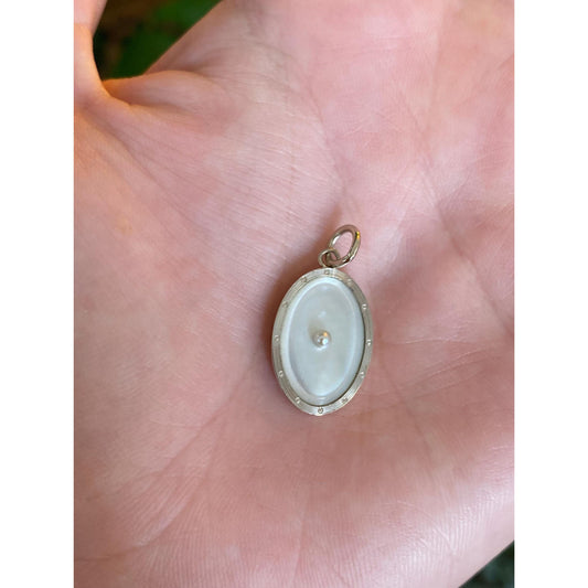 Vintage 14k White & Yellow Gold Seed Pearl MOP Oval Cufflink Conversion Charm