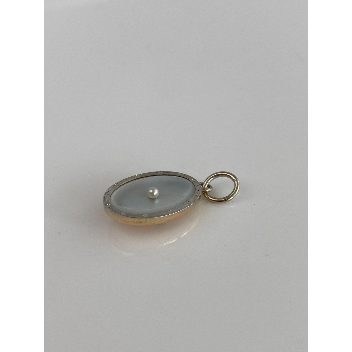 Vintage 14k White & Yellow Gold Seed Pearl MOP Oval Cufflink Conversion Charm