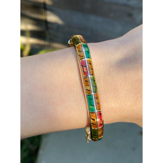 Vintage 14k Yellow Gold Colored Enamel Geometric Bangle Bracelet