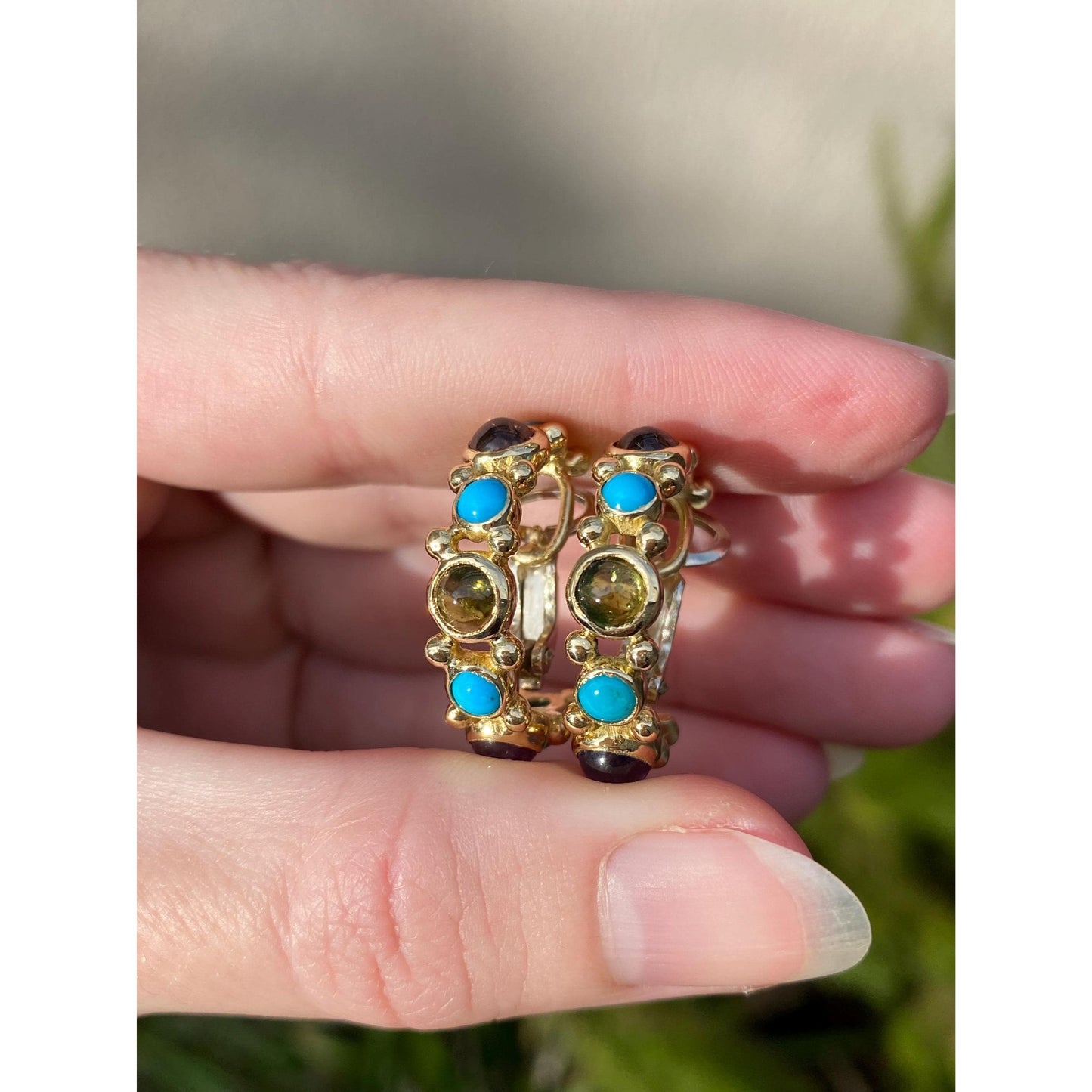 Vintage Solid 18k Yellow Gold Turquoise Peridot Amethyst Garnet Half Hoop Drop Earrings