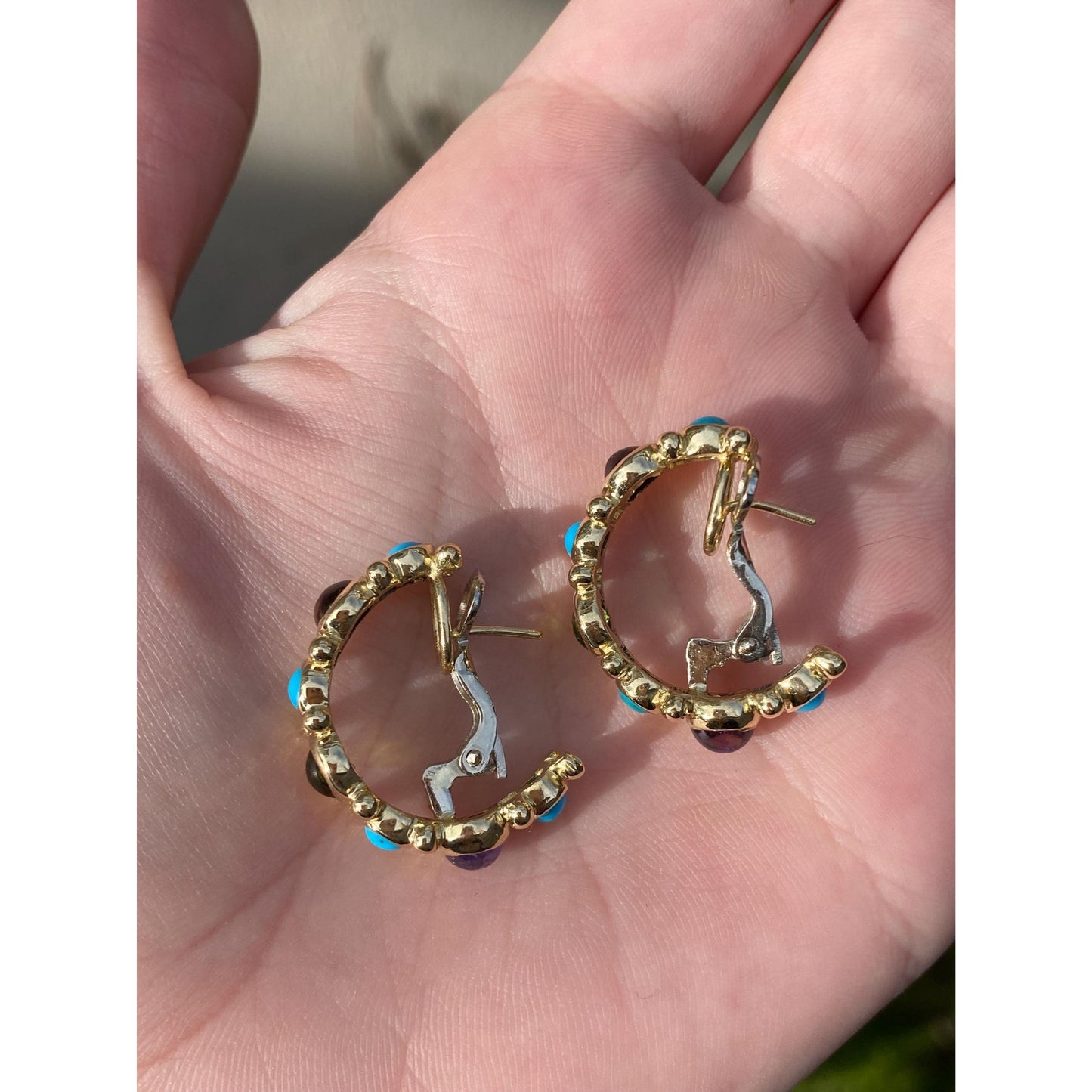 Vintage Solid 18k Yellow Gold Turquoise Peridot Amethyst Garnet Half Hoop Drop Earrings