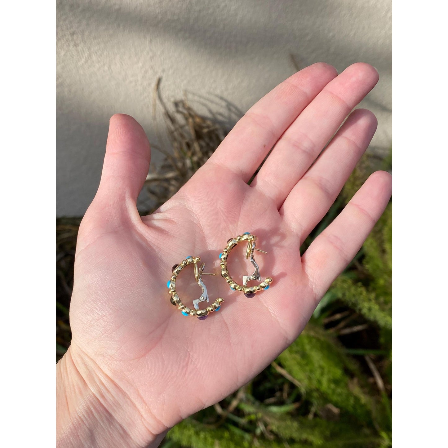 Vintage Solid 18k Yellow Gold Turquoise Peridot Amethyst Garnet Half Hoop Drop Earrings