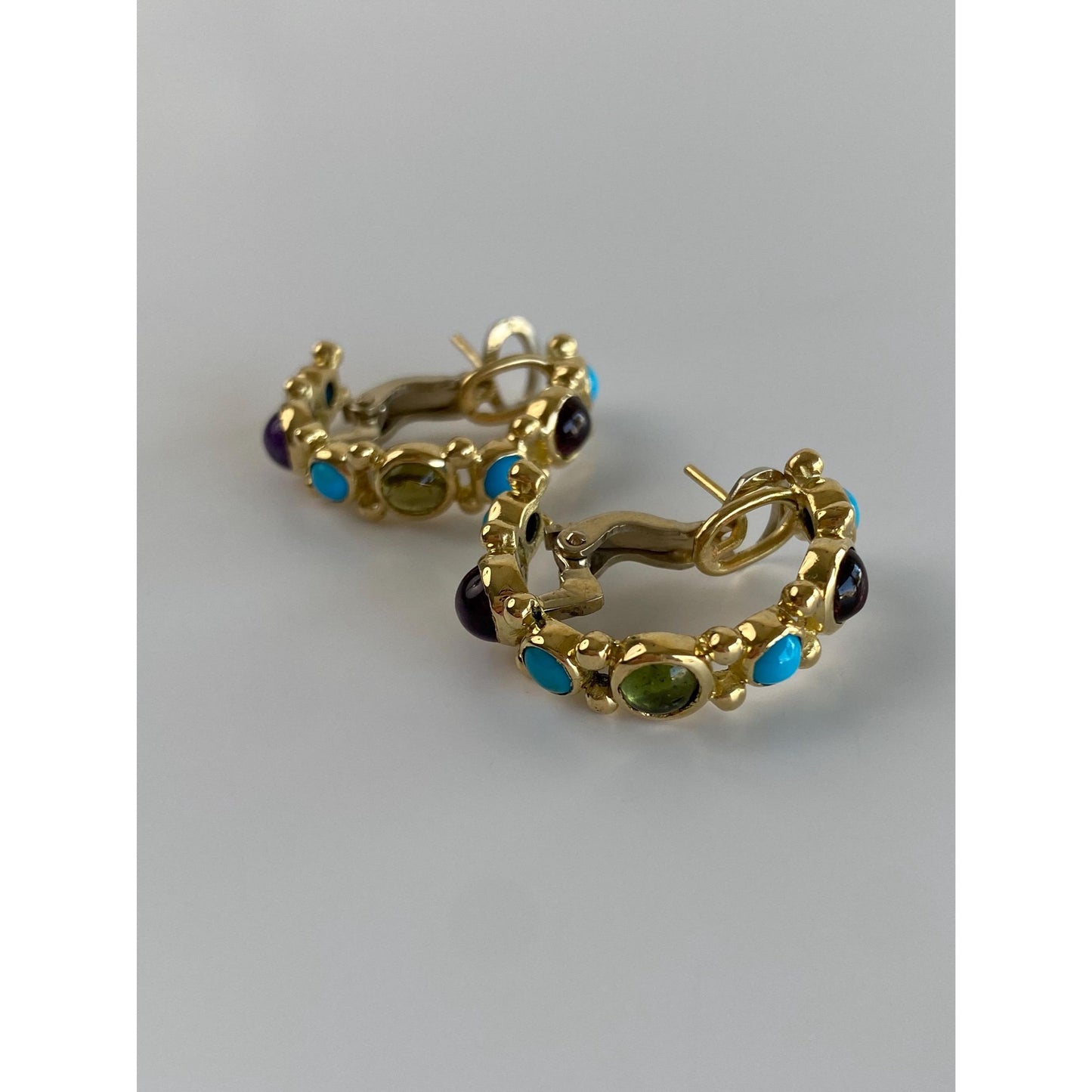 Vintage Solid 18k Yellow Gold Turquoise Peridot Amethyst Garnet Half Hoop Drop Earrings