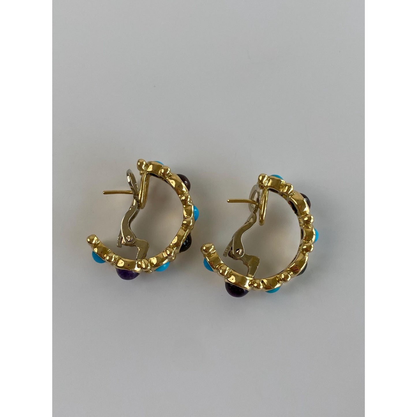 Vintage Solid 18k Yellow Gold Turquoise Peridot Amethyst Garnet Half Hoop Drop Earrings