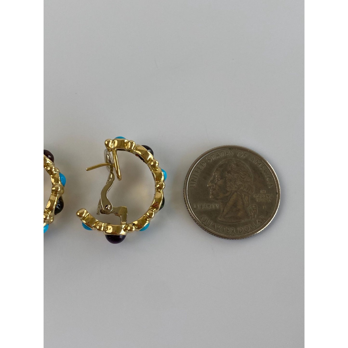 Vintage Solid 18k Yellow Gold Turquoise Peridot Amethyst Garnet Half Hoop Drop Earrings