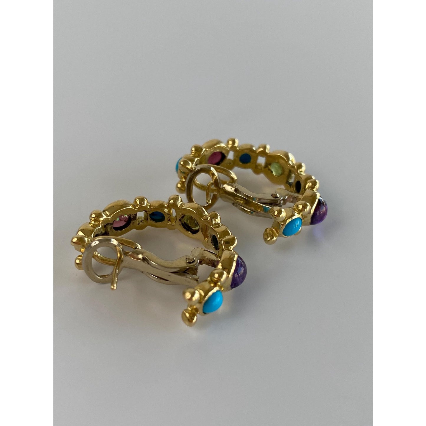 Vintage Solid 18k Yellow Gold Turquoise Peridot Amethyst Garnet Half Hoop Drop Earrings