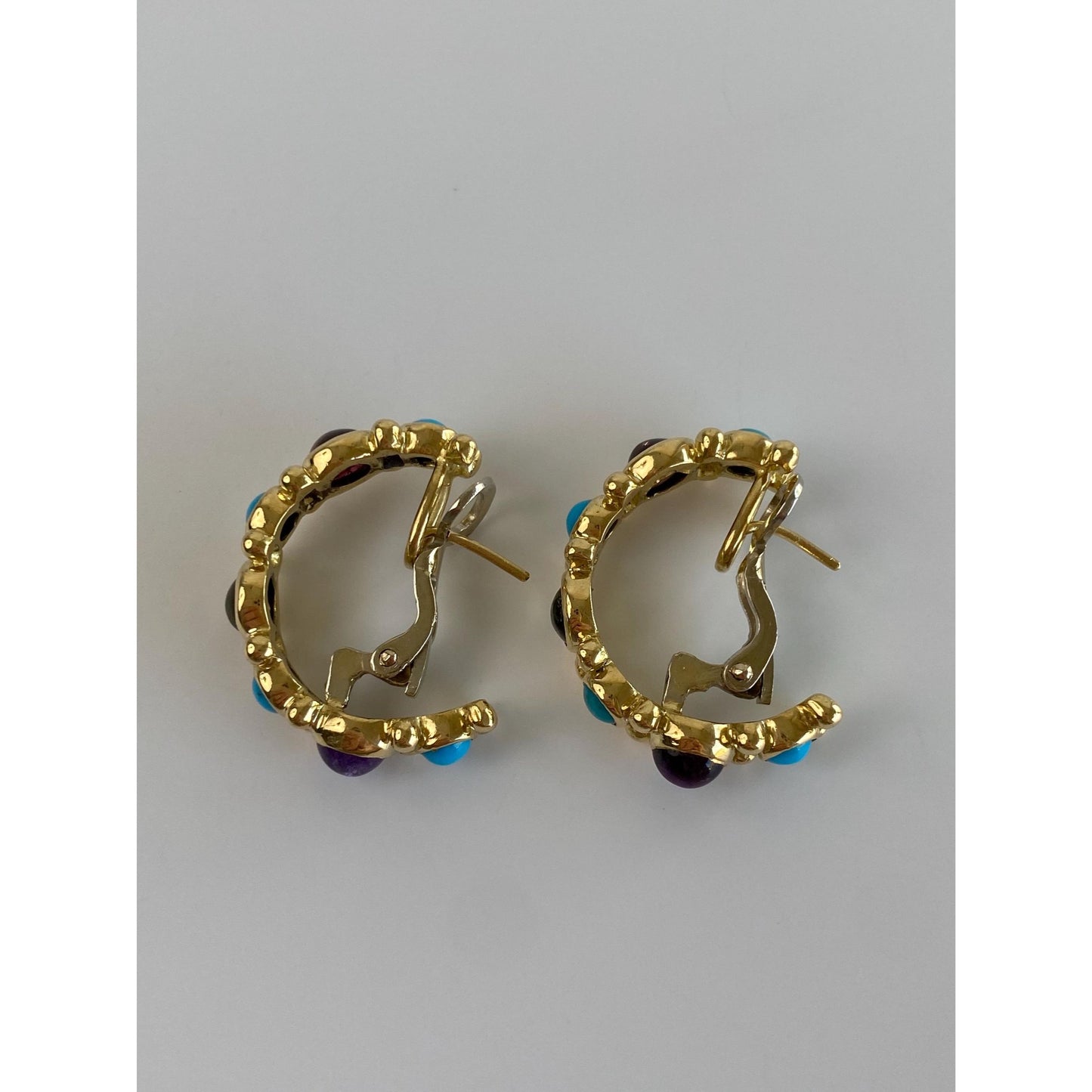 Vintage Solid 18k Yellow Gold Turquoise Peridot Amethyst Garnet Half Hoop Drop Earrings