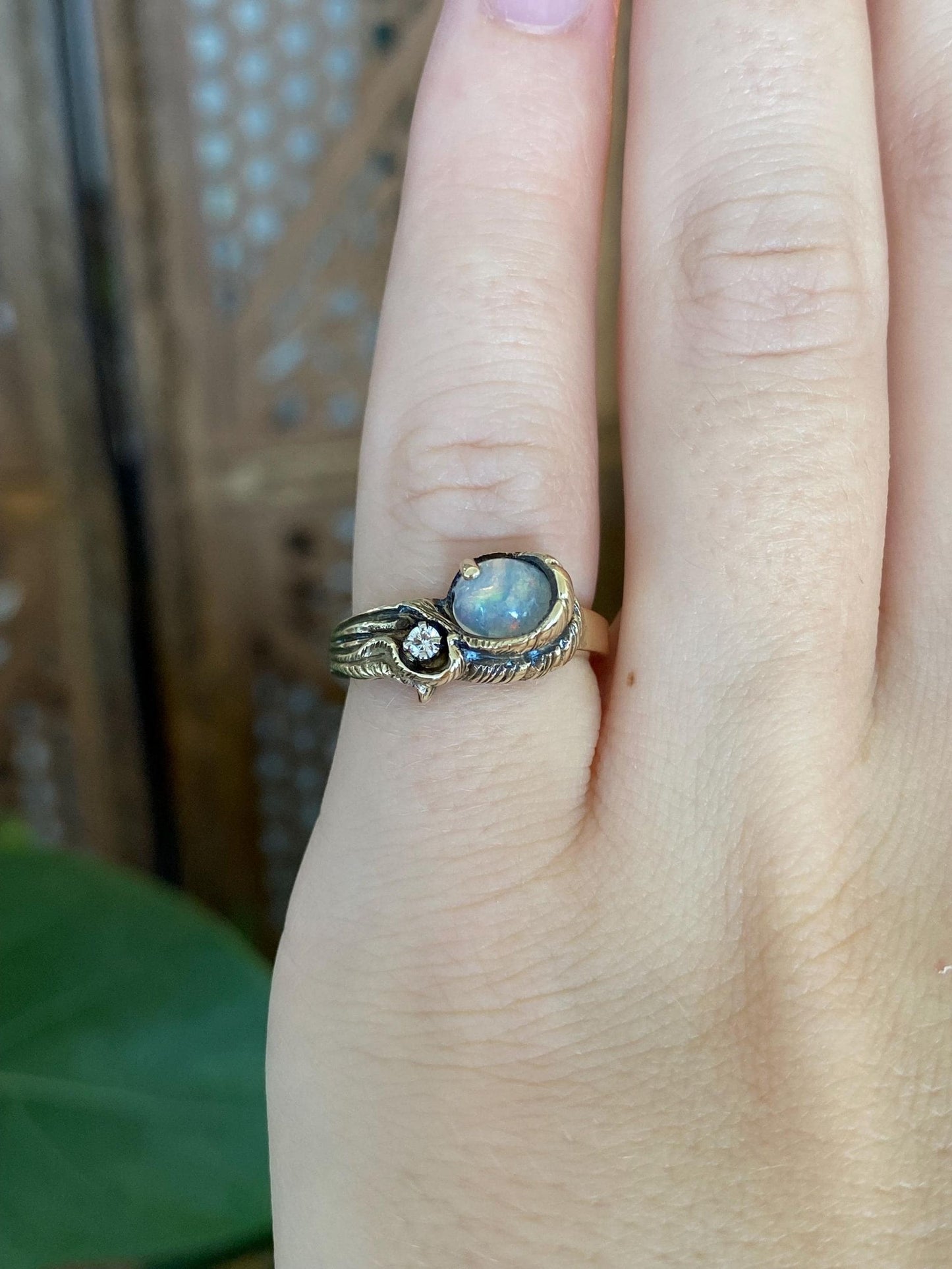 Vintage Solid 14k Yellow Gold Opal Diamond Ring - Size 4.5