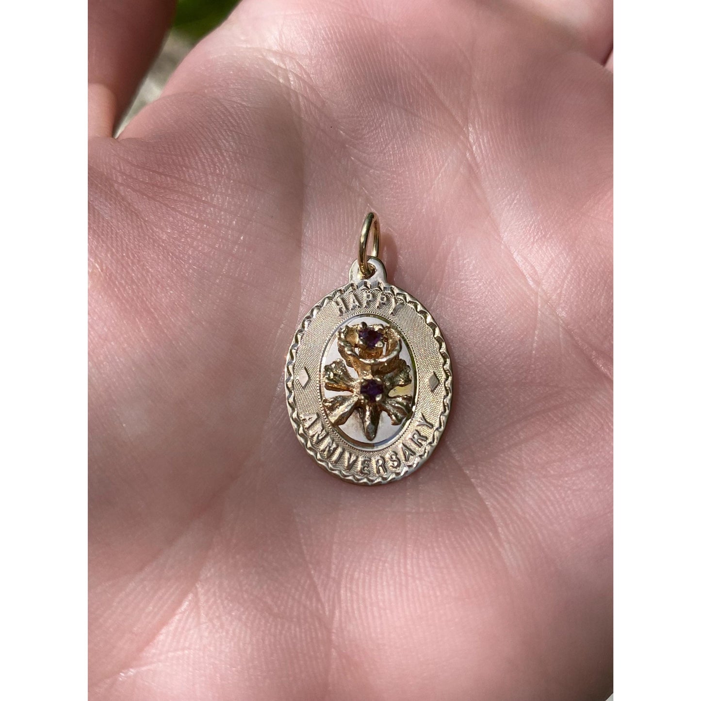 Vintage Solid 14k Purple Cubic Zirconia 'Happy Anniversary' Flowers Charm