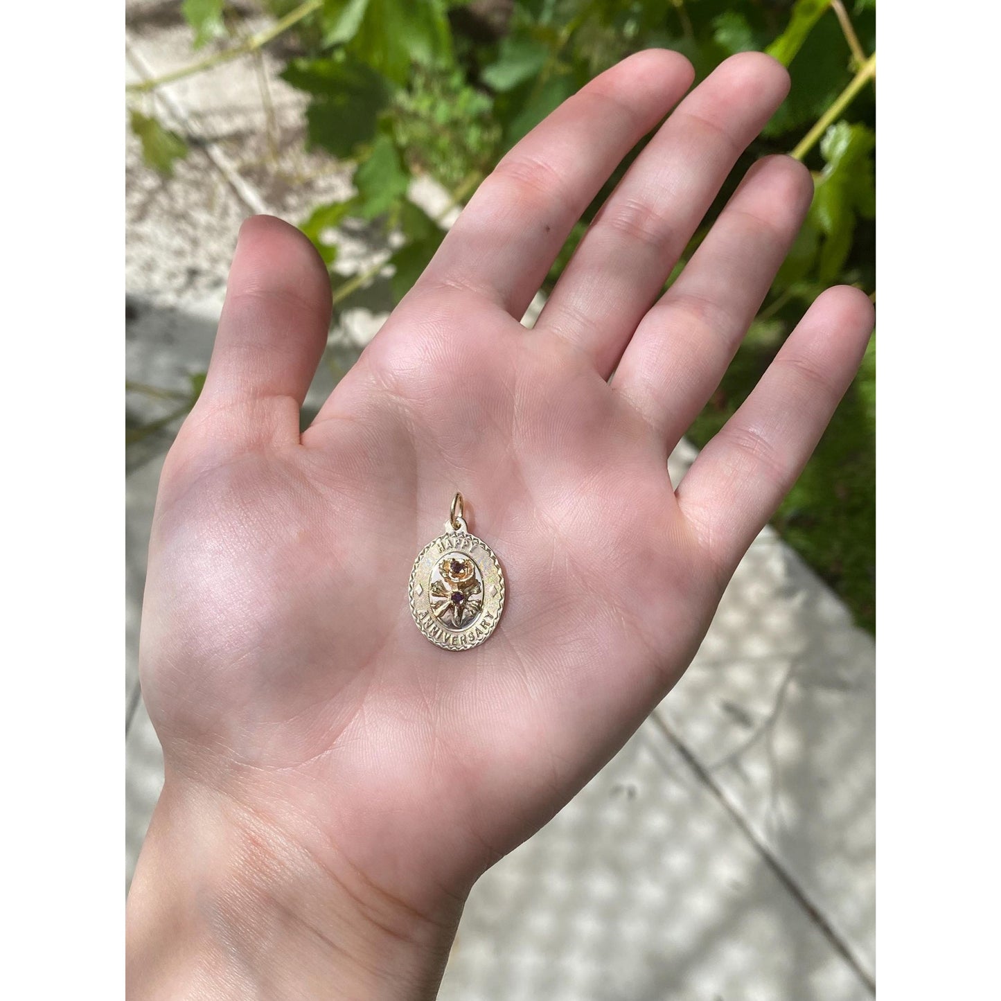 Vintage Solid 14k Purple Cubic Zirconia 'Happy Anniversary' Flowers Charm