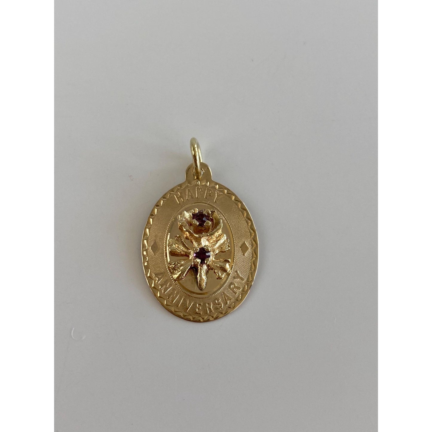 Vintage Solid 14k Purple Cubic Zirconia 'Happy Anniversary' Flowers Charm