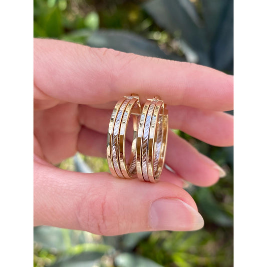 Vintage 14k White & Yellow Gold Lined Hoop Earrings