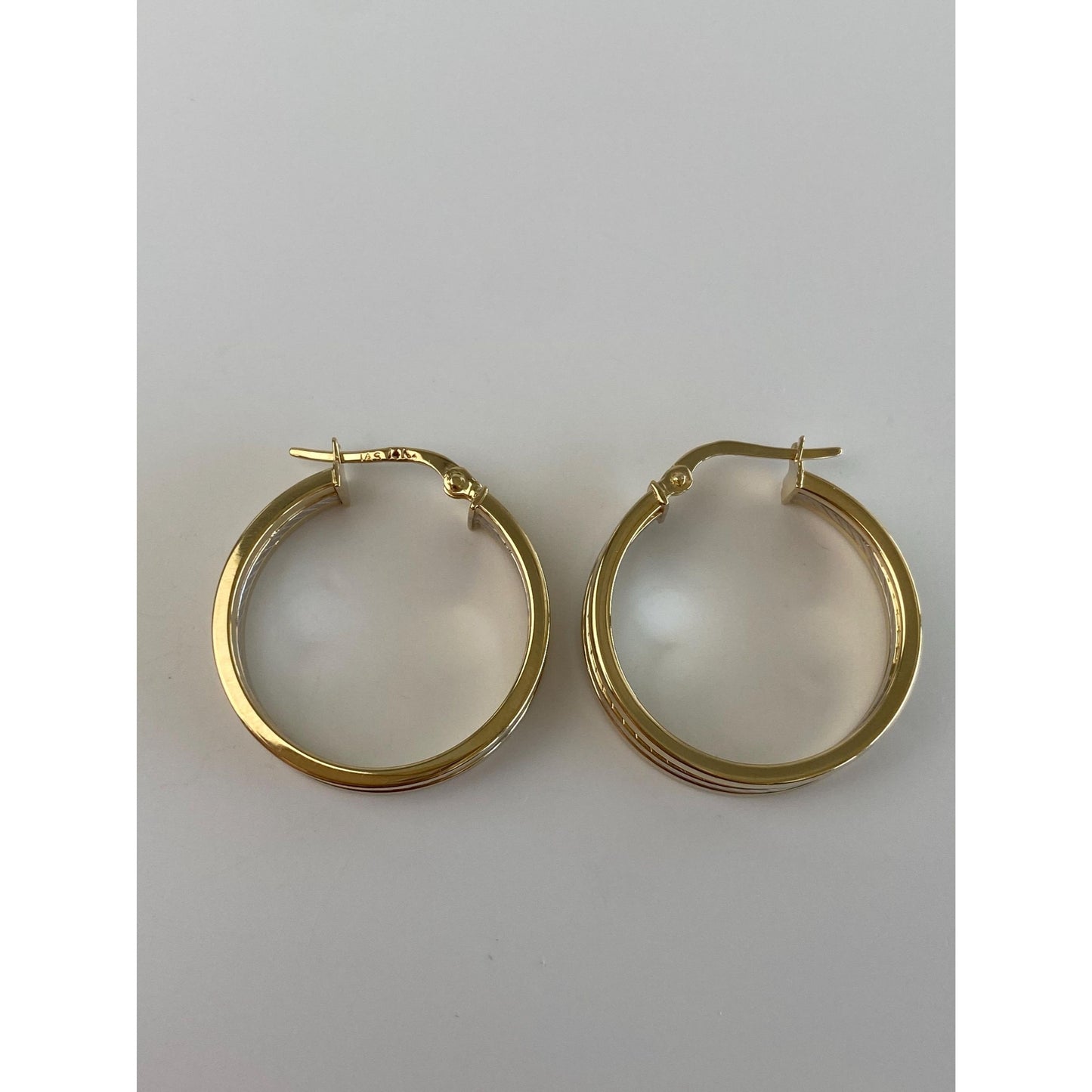 Vintage 14k White & Yellow Gold Lined Hoop Earrings
