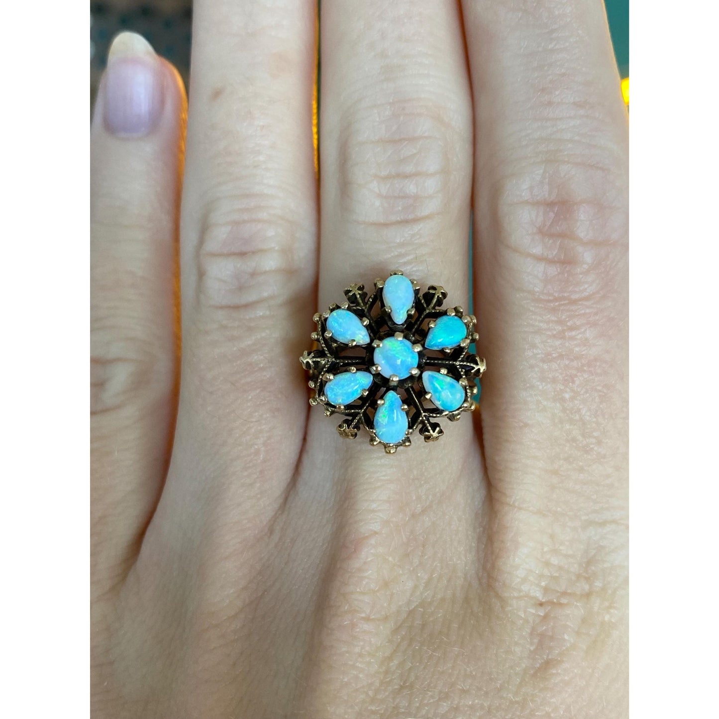 Vintage Solid 14k Yellow Gold Opal Cluster Ring - Size 6.5