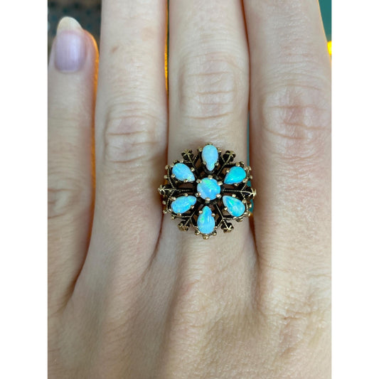 Vintage Solid 14k Yellow Gold Opal Cluster Ring - Size 6.5