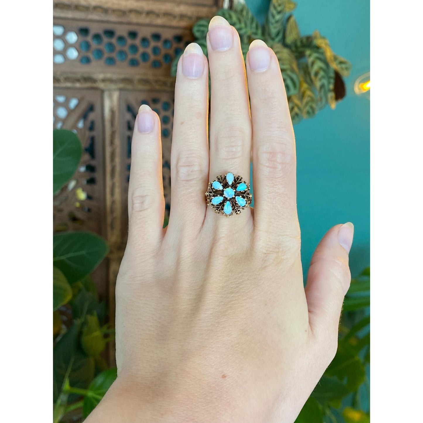 Vintage Solid 14k Yellow Gold Opal Cluster Ring - Size 6.5