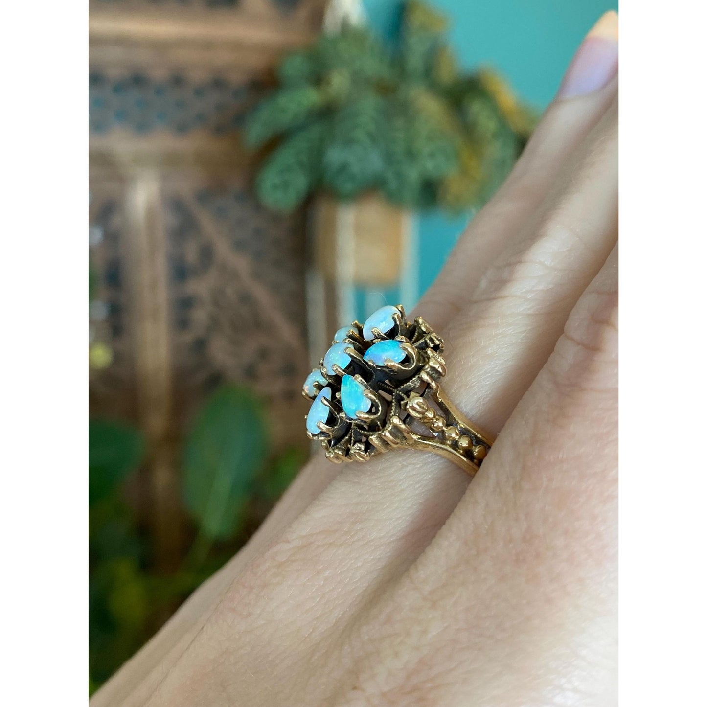 Vintage Solid 14k Yellow Gold Opal Cluster Ring - Size 6.5