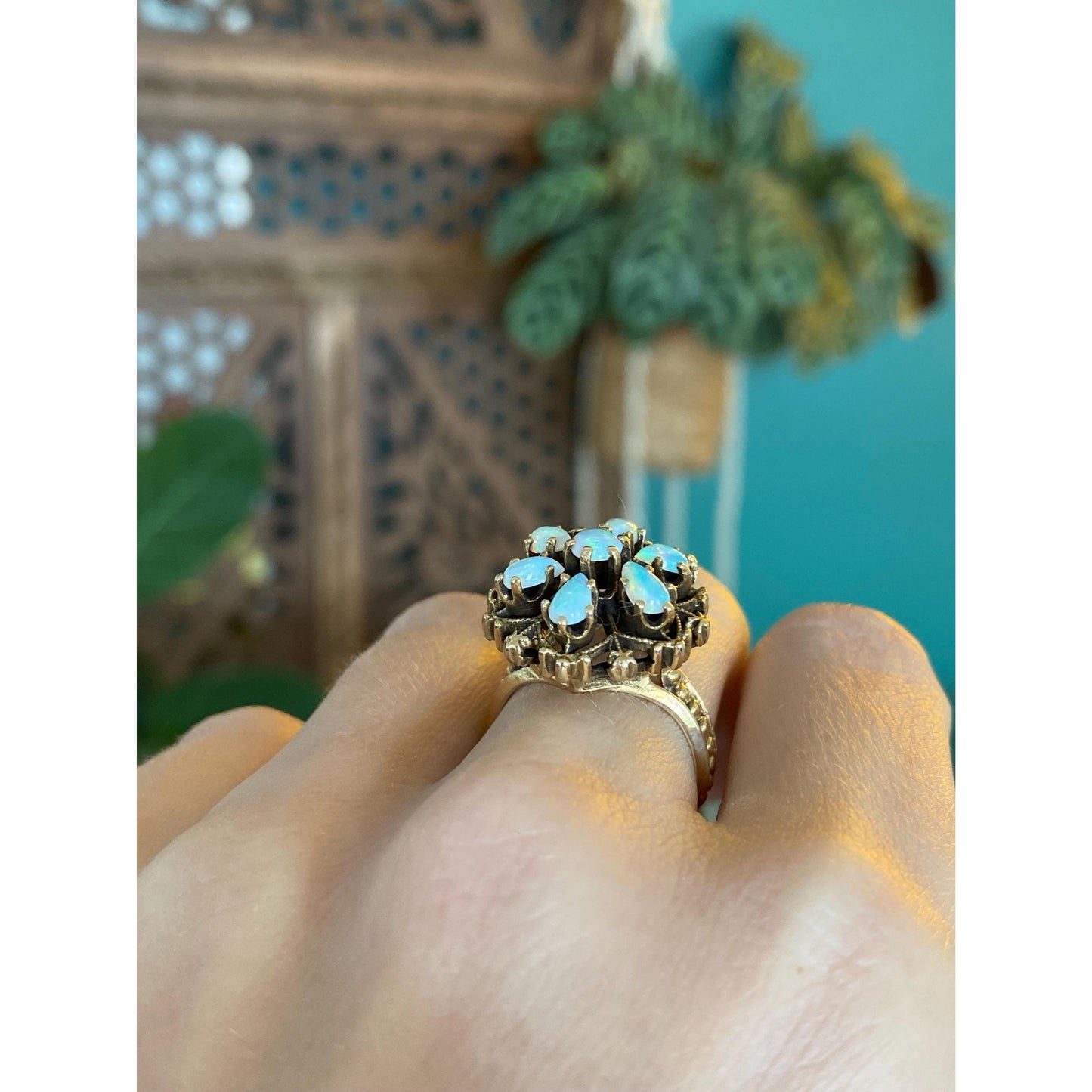 Vintage Solid 14k Yellow Gold Opal Cluster Ring - Size 6.5