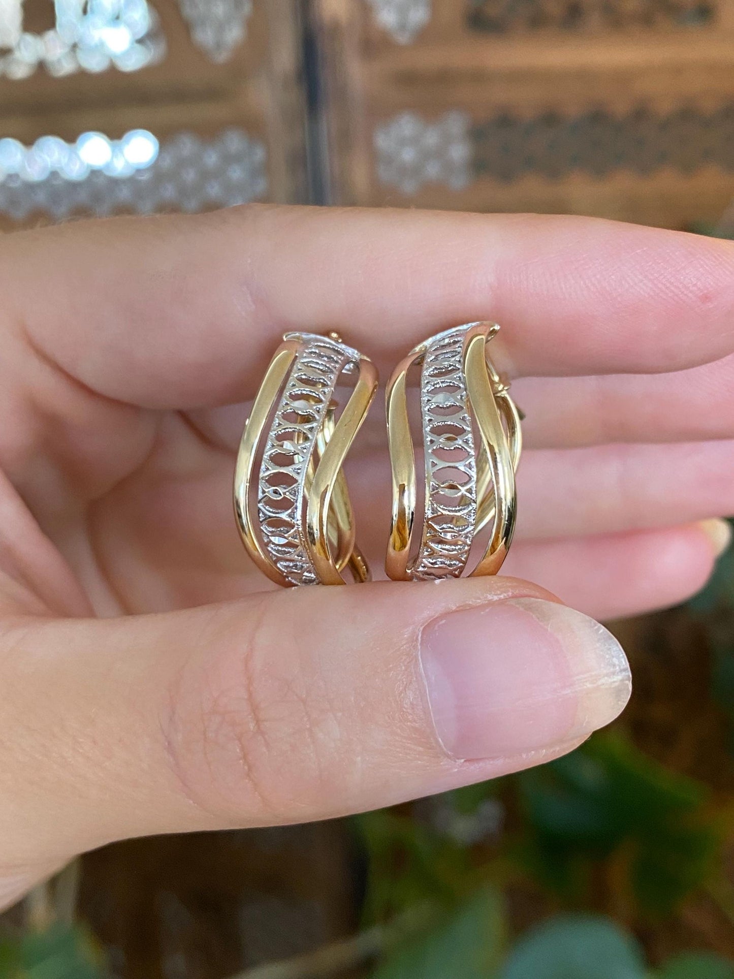 Vintage 14k White & Yellow Gold Open Work Hoop Earrings