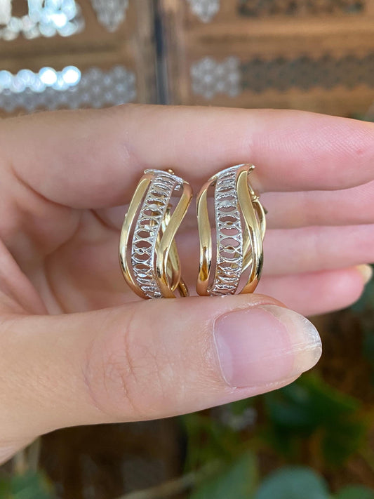 Vintage 14k White & Yellow Gold Open Work Hoop Earrings
