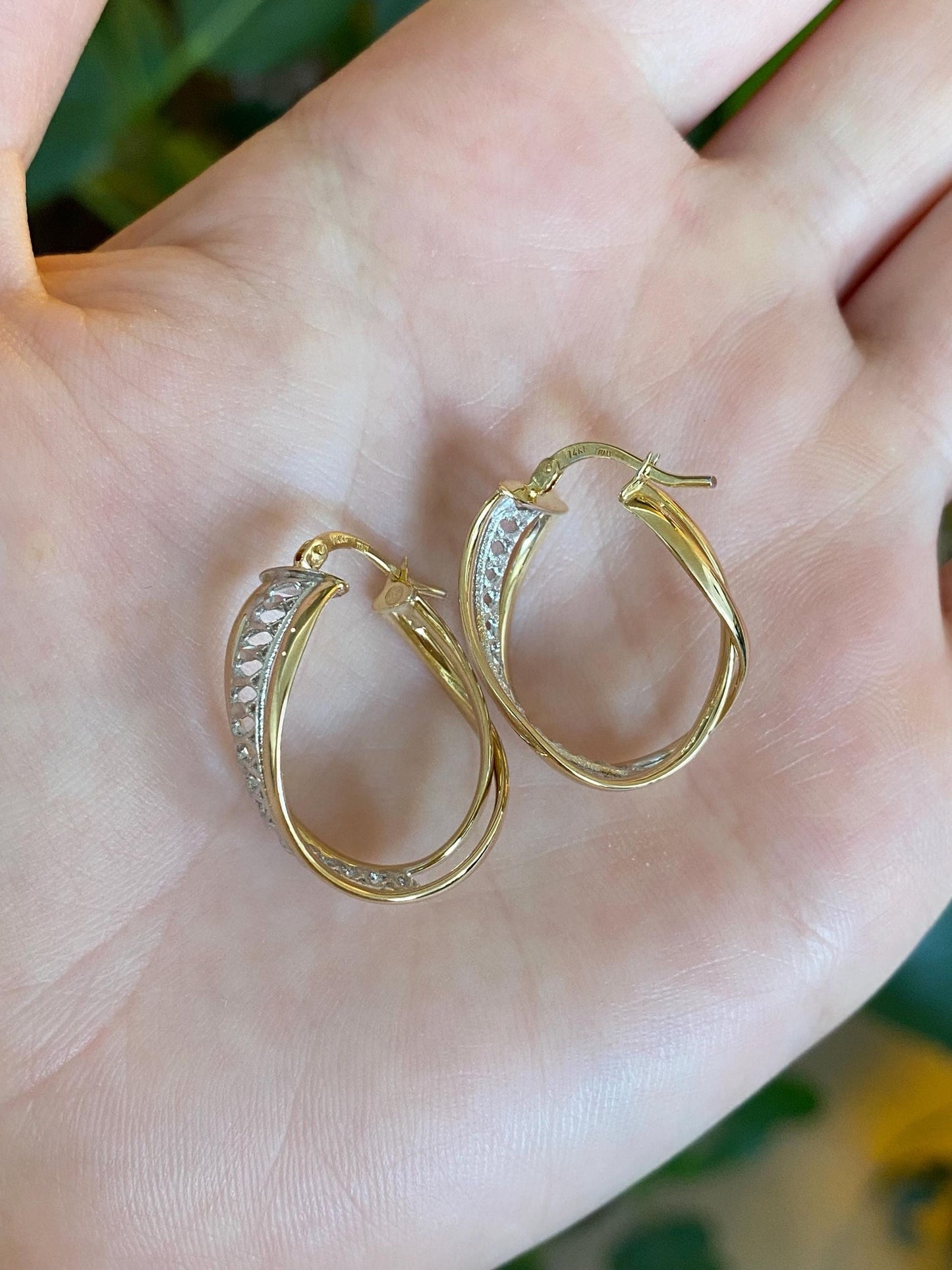 Vintage 14k White & Yellow Gold Open Work Hoop Earrings
