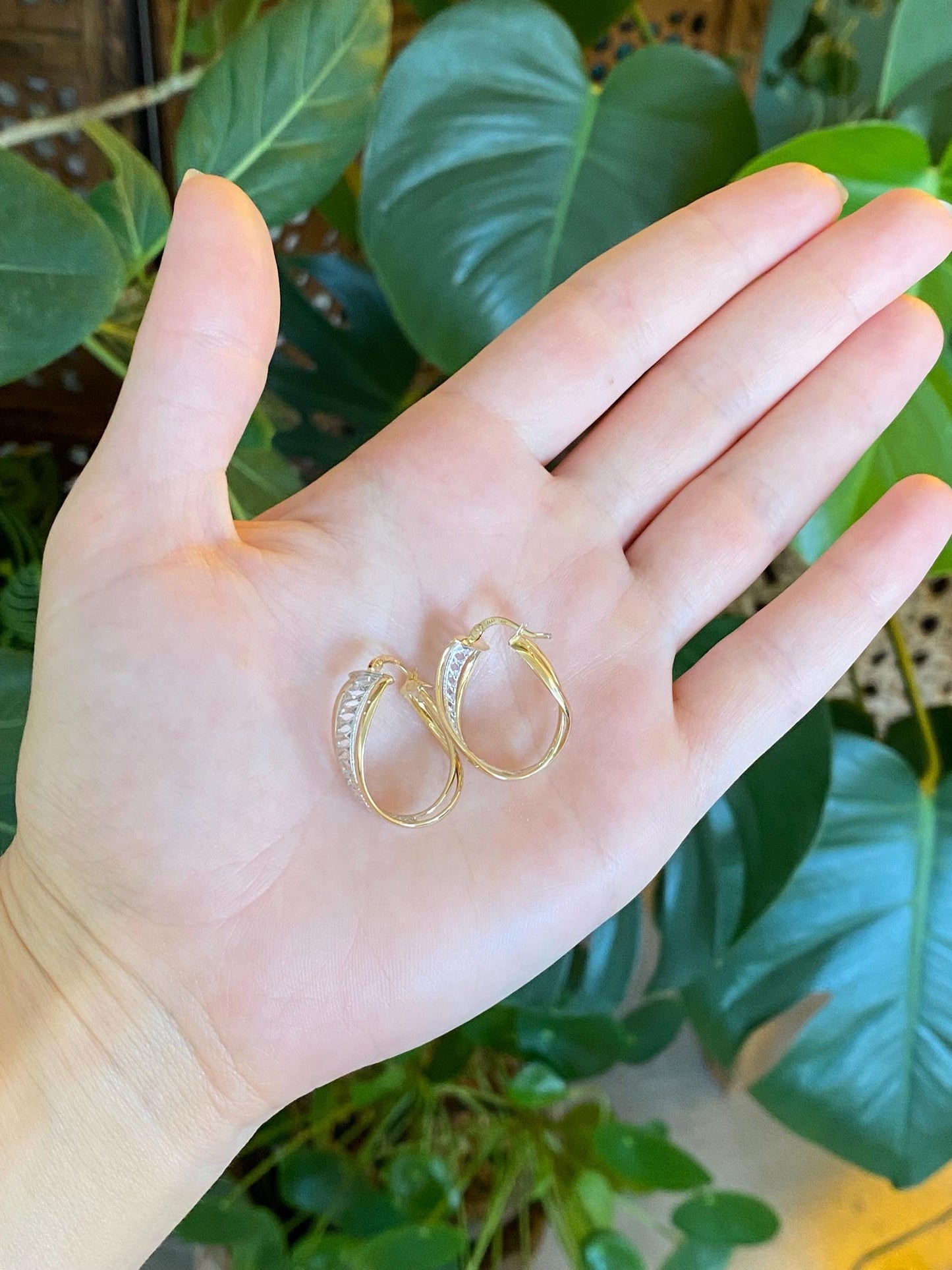 Vintage 14k White & Yellow Gold Open Work Hoop Earrings
