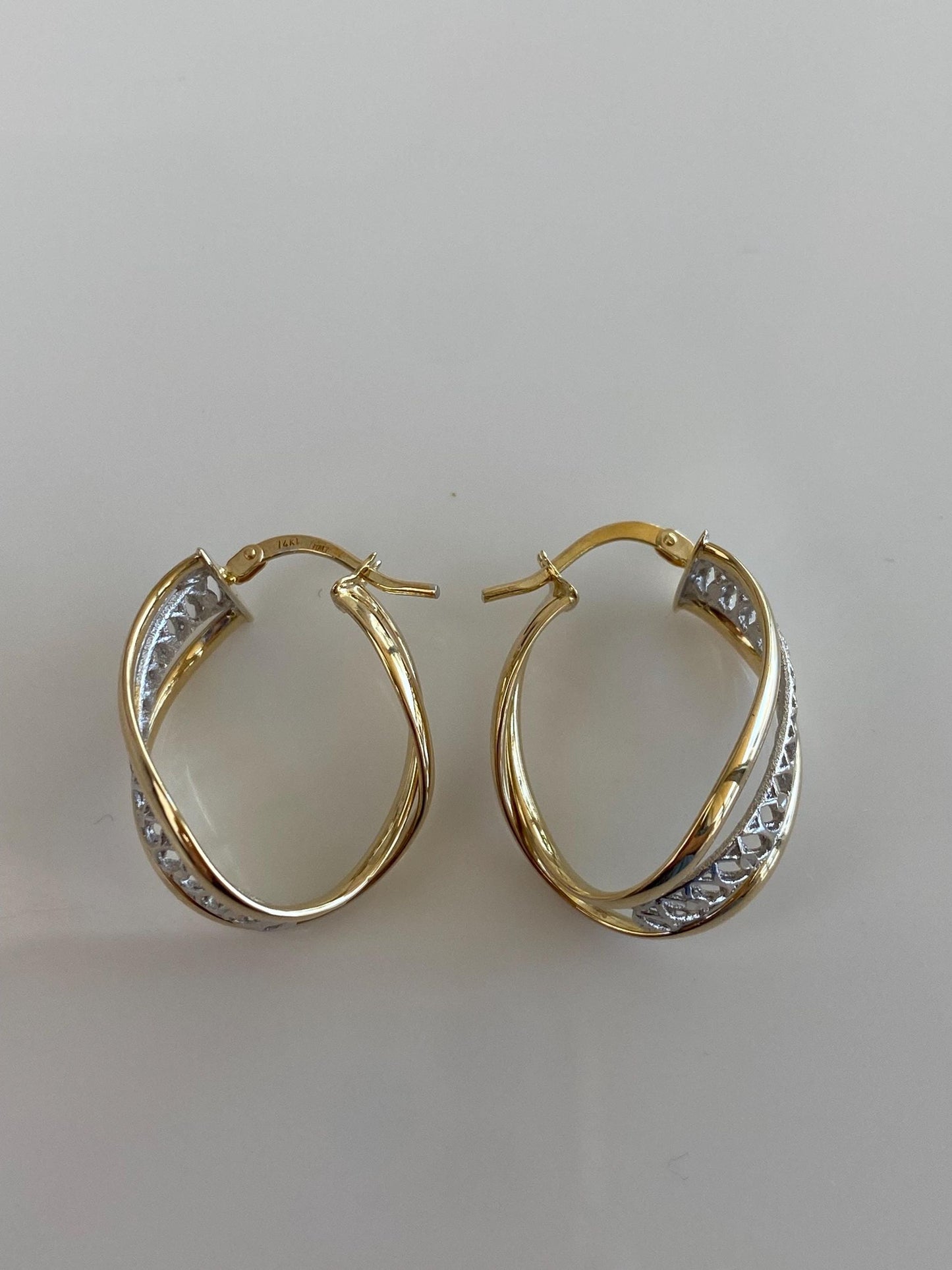 Vintage 14k White & Yellow Gold Open Work Hoop Earrings
