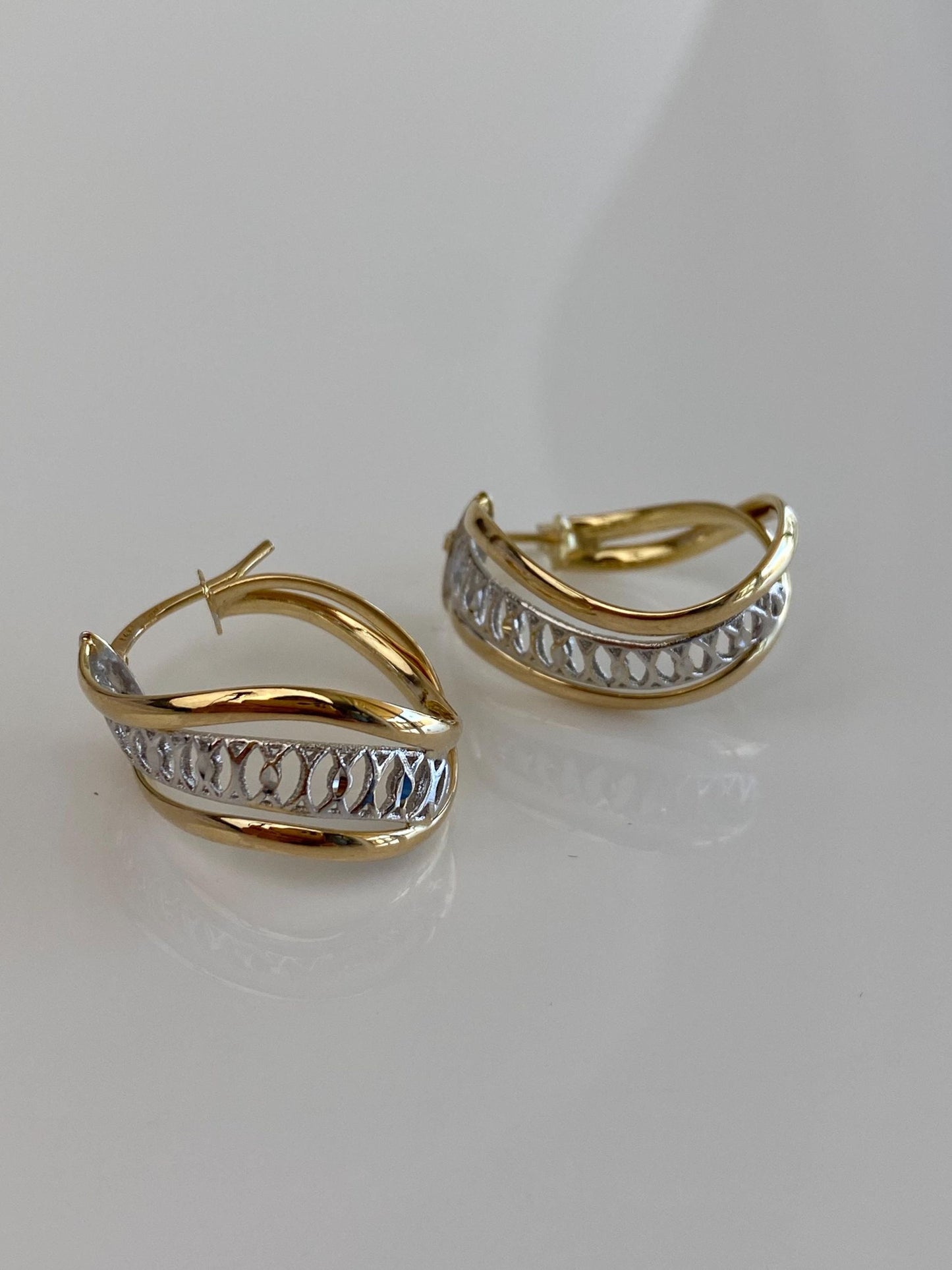 Vintage 14k White & Yellow Gold Open Work Hoop Earrings