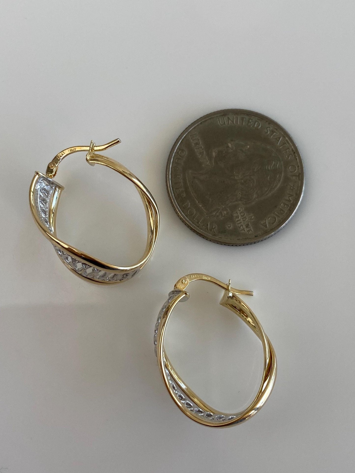 Vintage 14k White & Yellow Gold Open Work Hoop Earrings