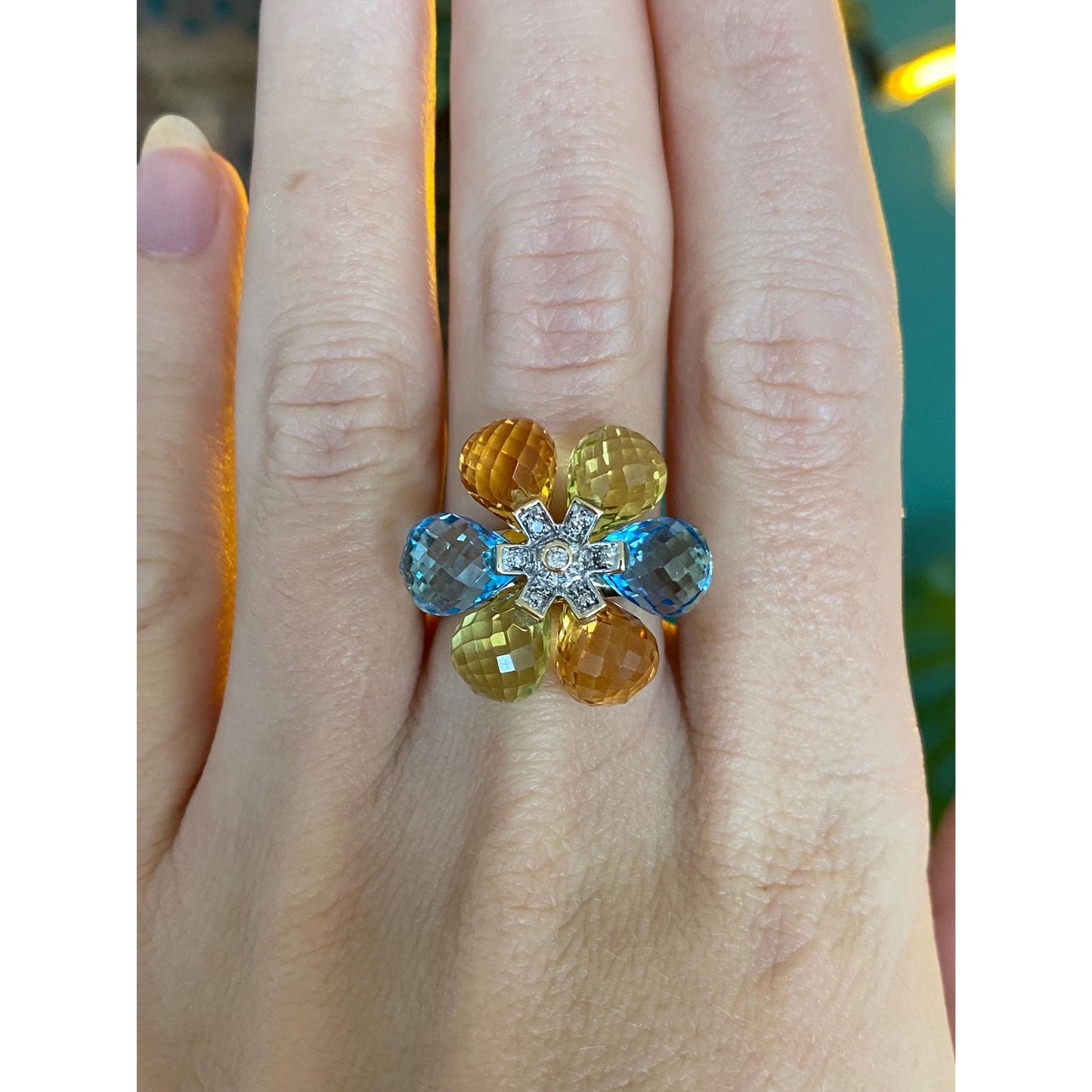Solid 10k Yellow Gold Diamond Topaz Peridot Faceted Citrine Lemon Quartz Flower Ring - Size 6.75