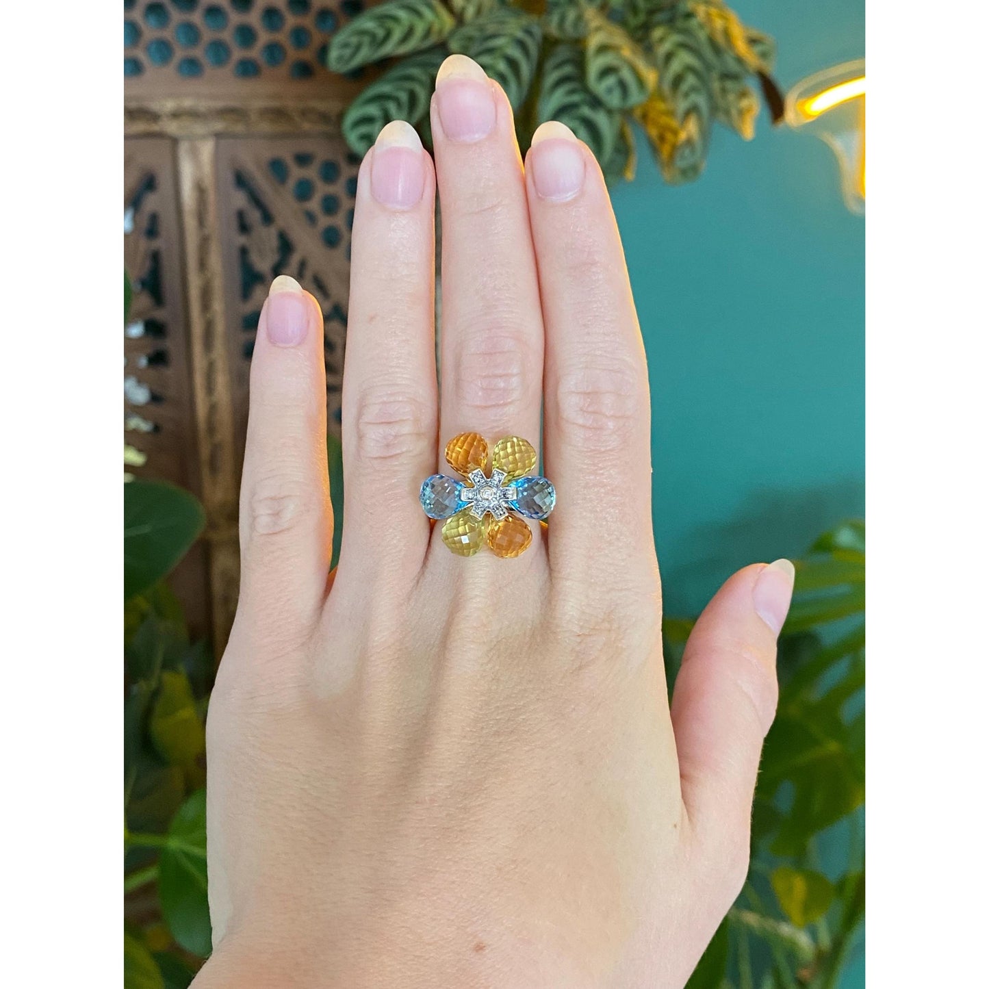 Solid 10k Yellow Gold Diamond Topaz Peridot Faceted Citrine Lemon Quartz Flower Ring - Size 6.75