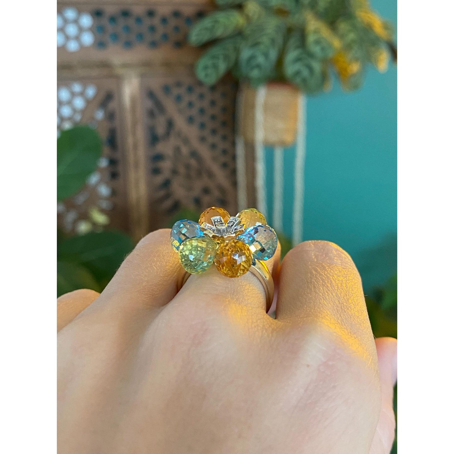 Solid 10k Yellow Gold Diamond Topaz Peridot Faceted Citrine Lemon Quartz Flower Ring - Size 6.75