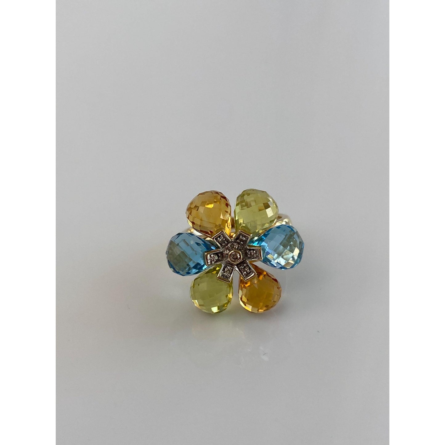 Solid 10k Yellow Gold Diamond Topaz Peridot Faceted Citrine Lemon Quartz Flower Ring - Size 6.75