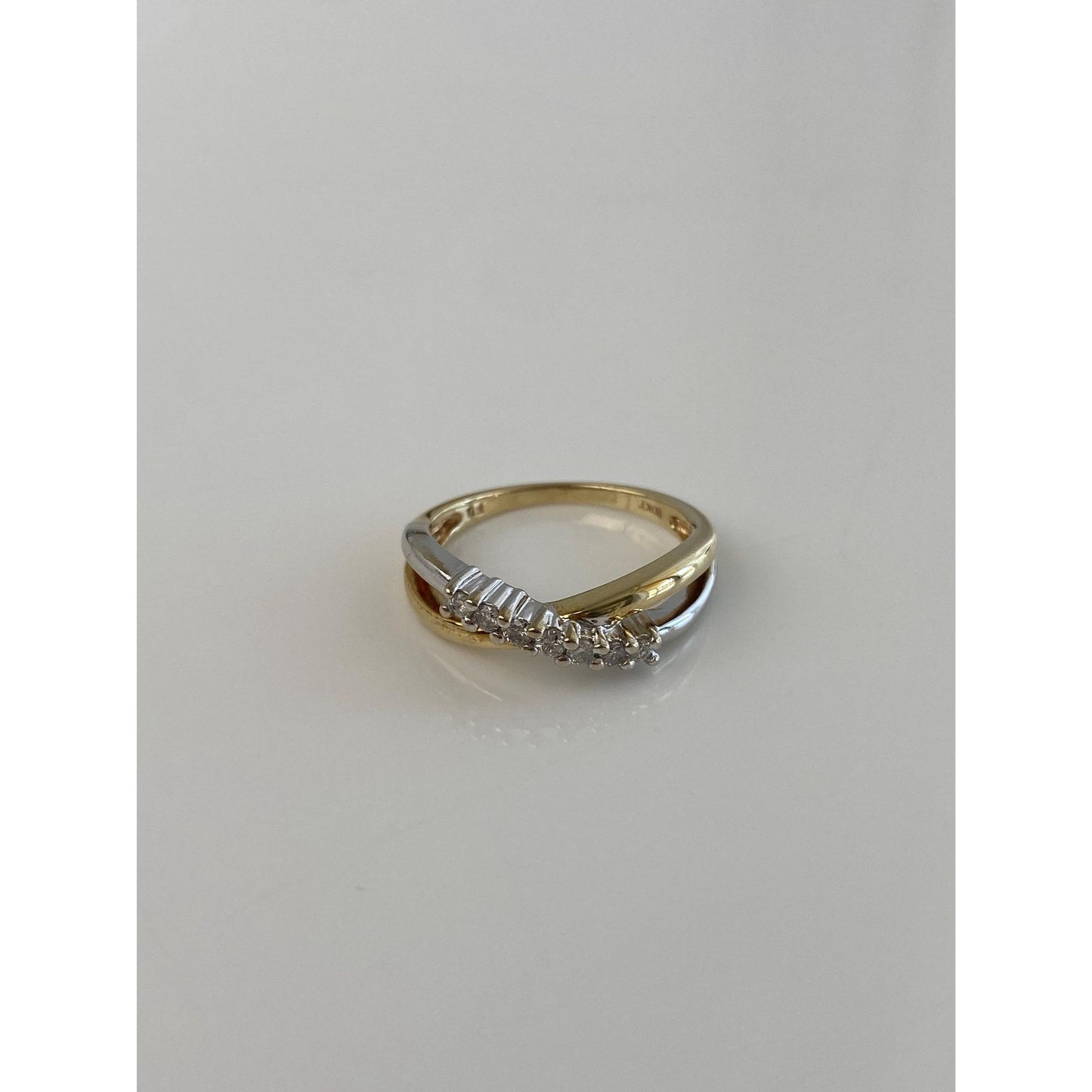 Vintage Solid 10k White & Yellow Gold Diamond Twist Ring - Size 5.5