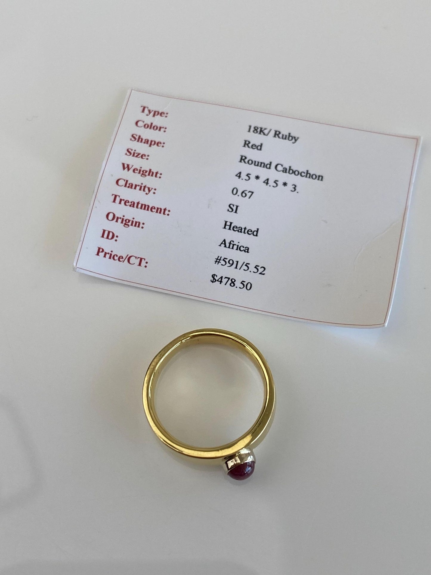 Vintage Solid 18k Yellow Gold Ruby Cabochon Ring Band - Size 6