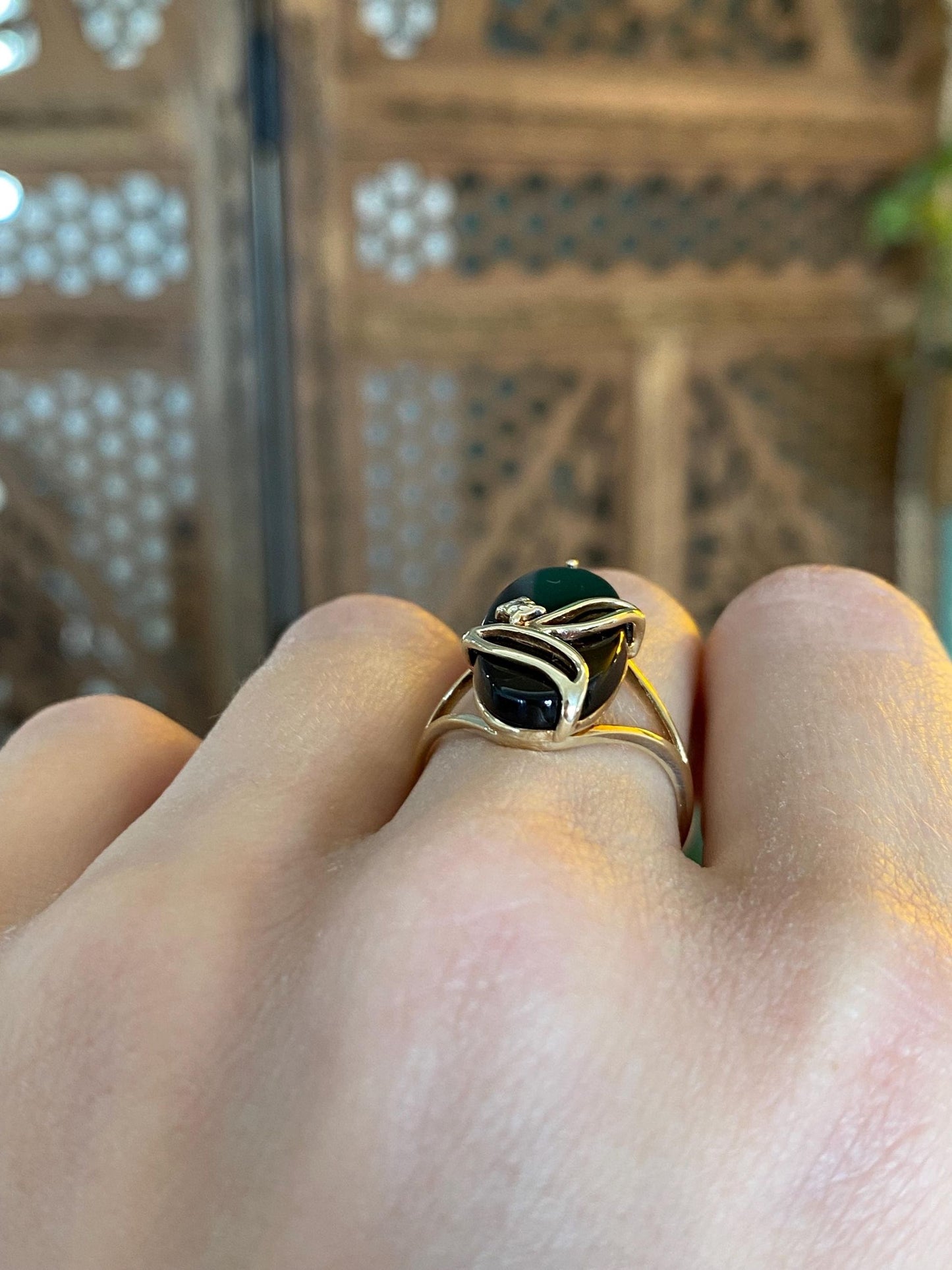 Vintage Solid 10k Yellow Gold Black Onyx Diamond Ring - Size 6.25