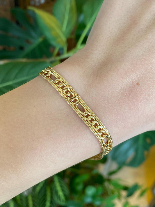 Vintage Solid 14k Yellow Gold Figaro Curb Chain Border Flat Chain Bracelet - 7 inches
