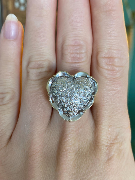 Vintage Solid 10k White & Yellow Gold Diamond Heart Ring - Size 9