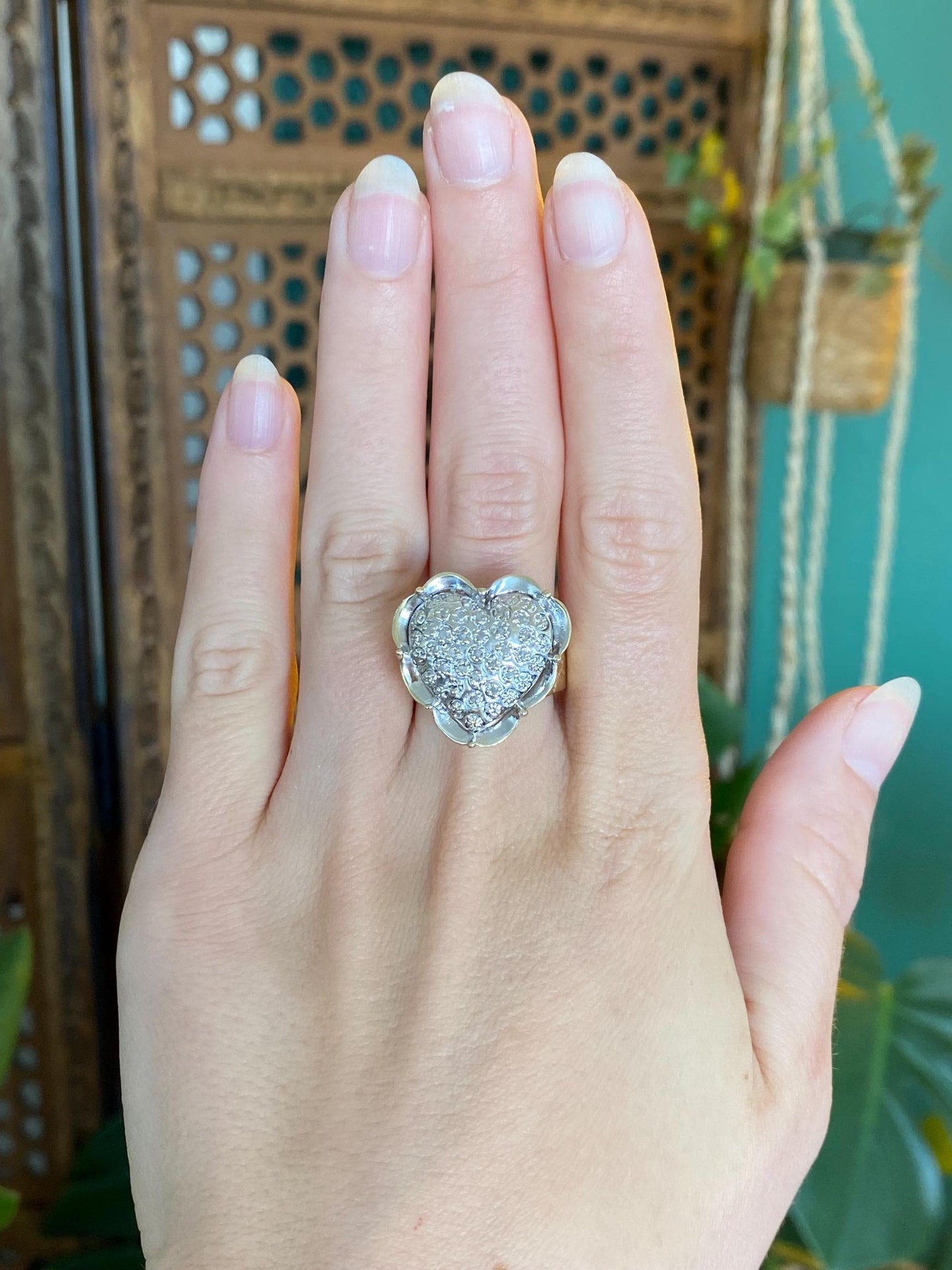 Vintage Solid 10k White & Yellow Gold Diamond Heart Ring - Size 9