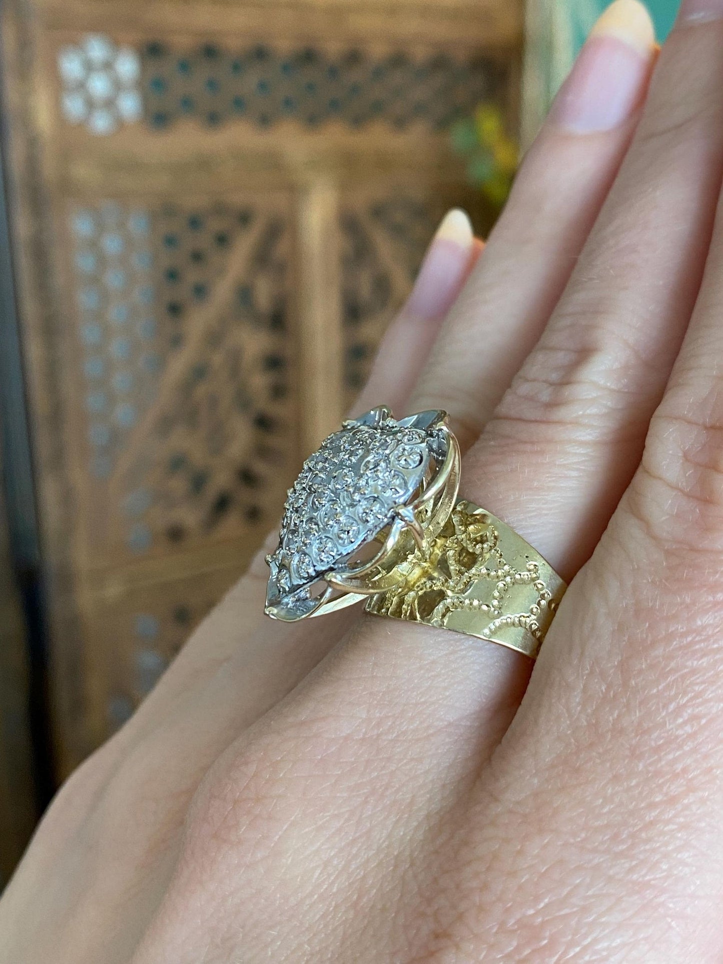 Vintage Solid 10k White & Yellow Gold Diamond Heart Ring - Size 9