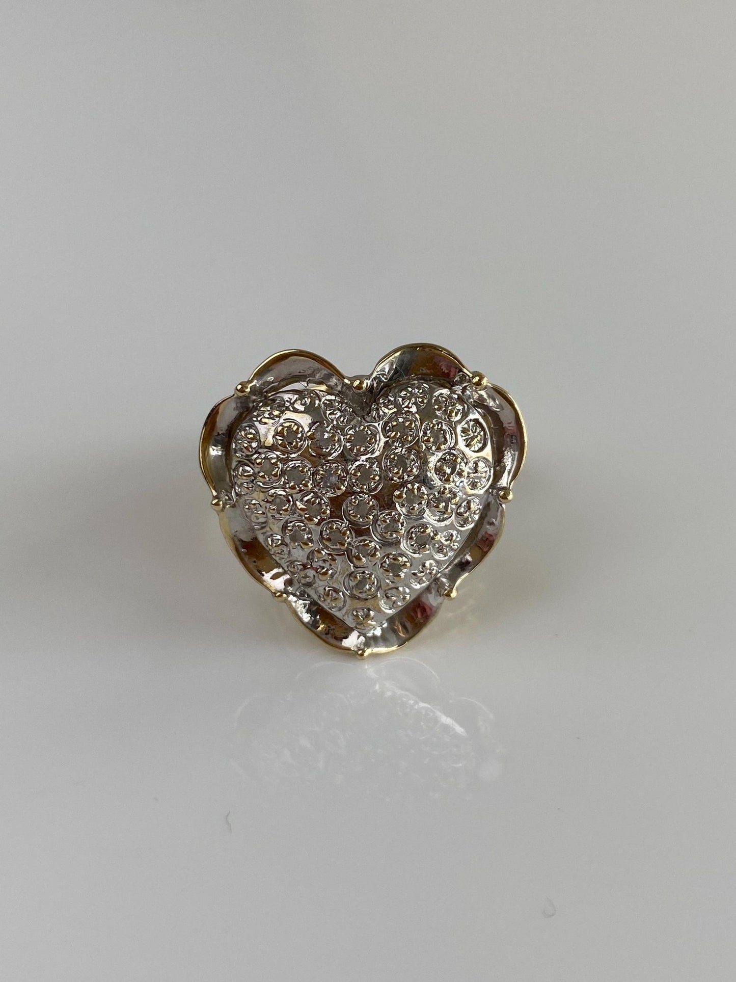Vintage Solid 10k White & Yellow Gold Diamond Heart Ring - Size 9