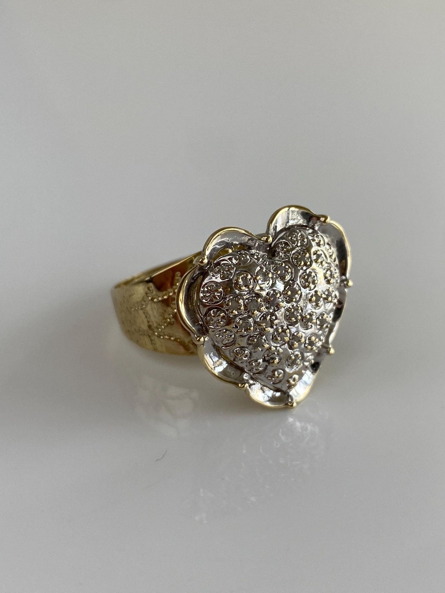 Vintage Solid 10k White & Yellow Gold Diamond Heart Ring - Size 9