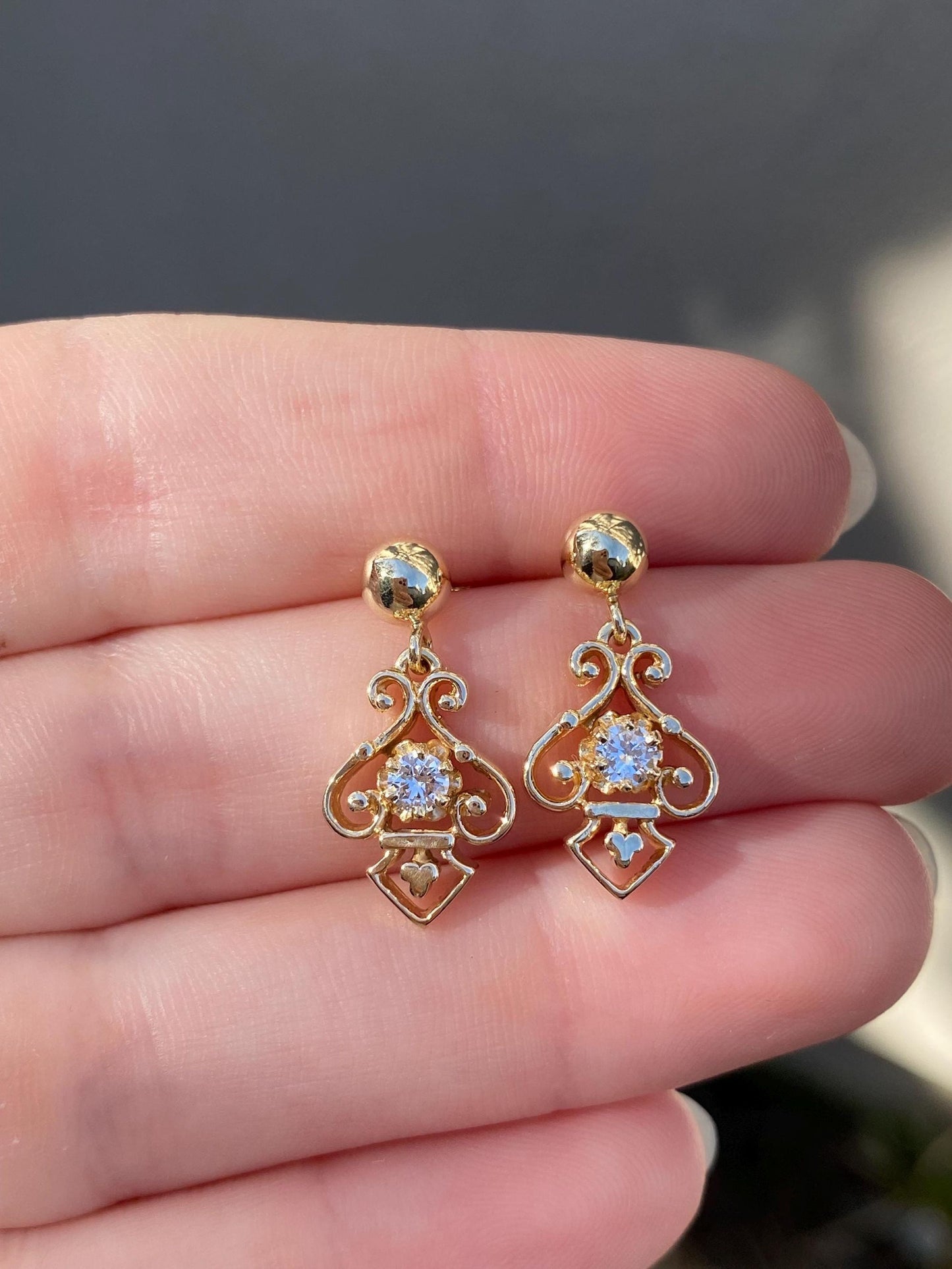 Vintage Solid 14k Yellow Gold Diamond Ornate Dangle Stud Earrings