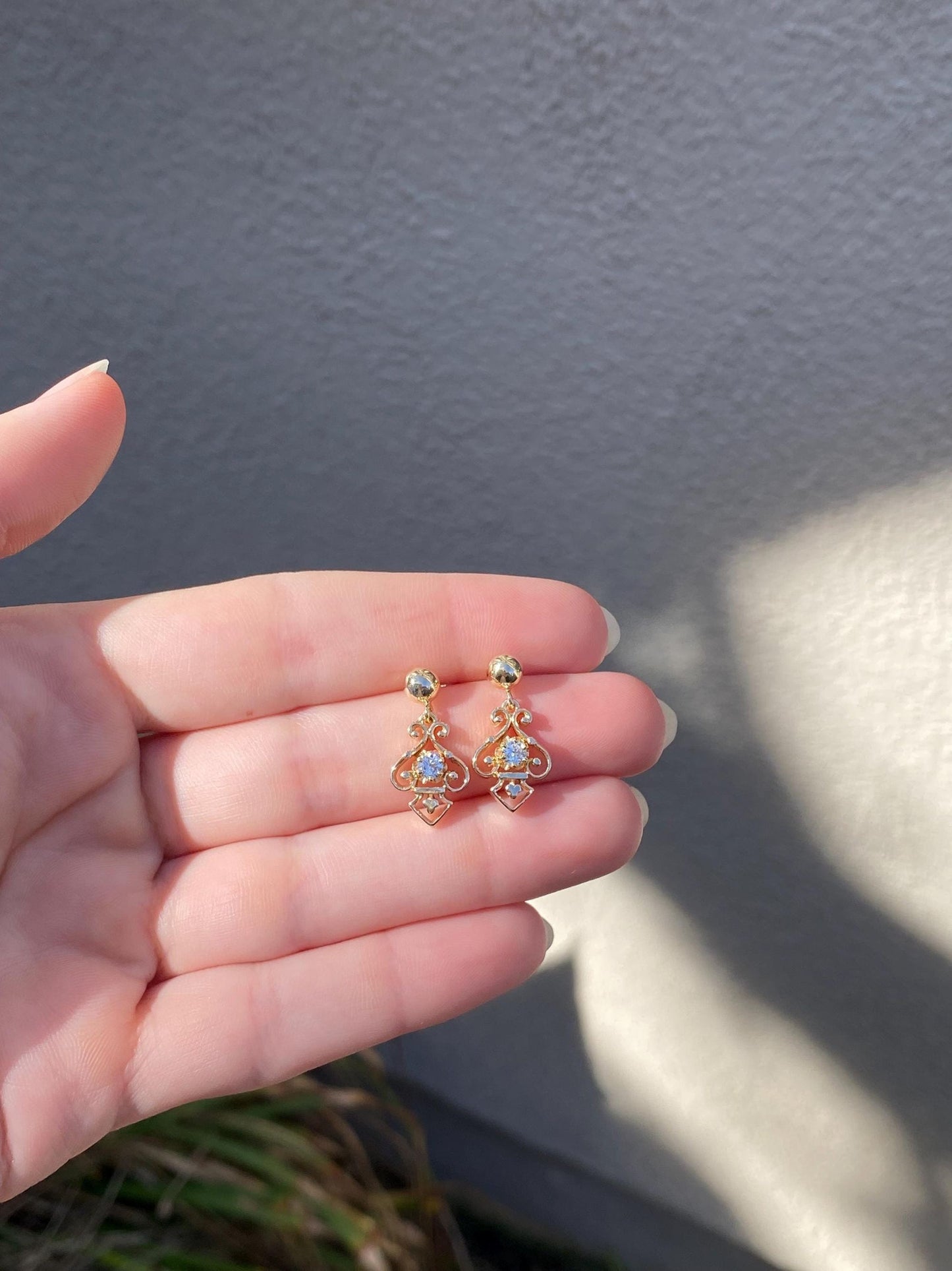 Vintage Solid 14k Yellow Gold Diamond Ornate Dangle Stud Earrings