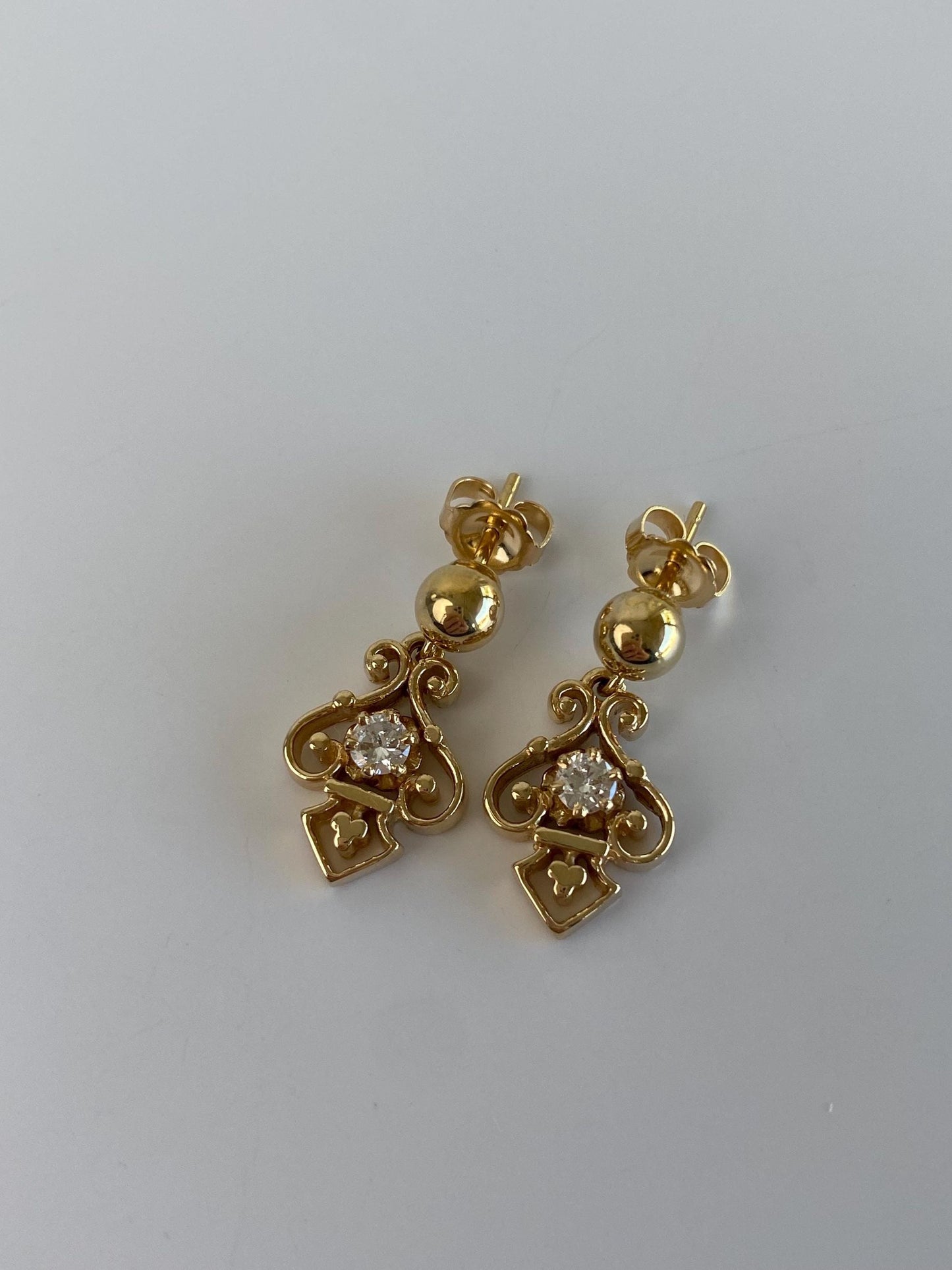 Vintage Solid 14k Yellow Gold Diamond Ornate Dangle Stud Earrings