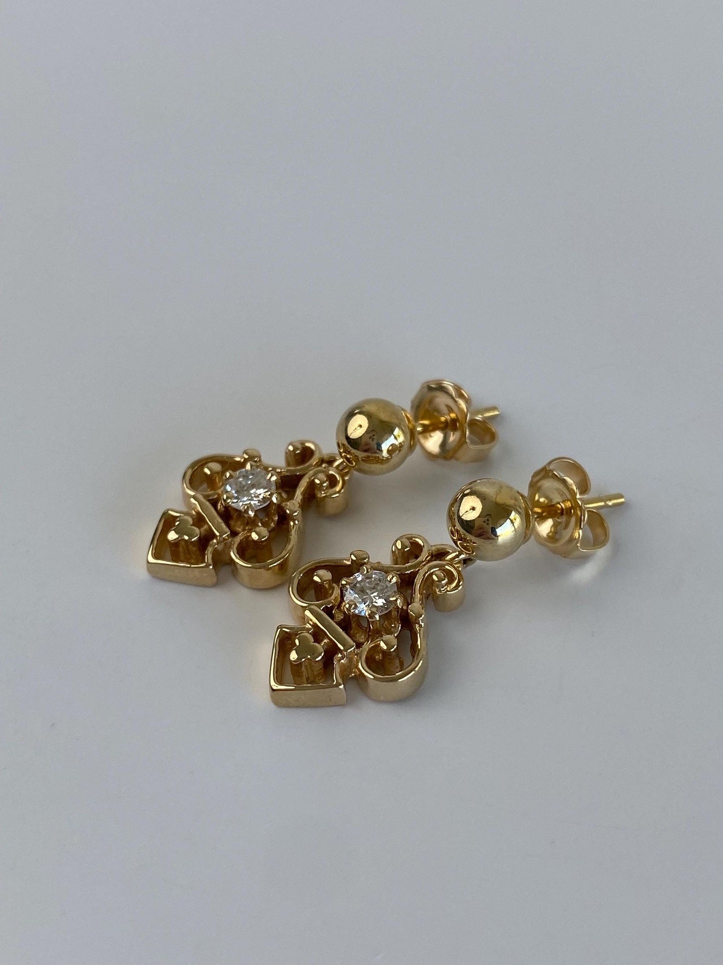 Vintage Solid 14k Yellow Gold Diamond Ornate Dangle Stud Earrings