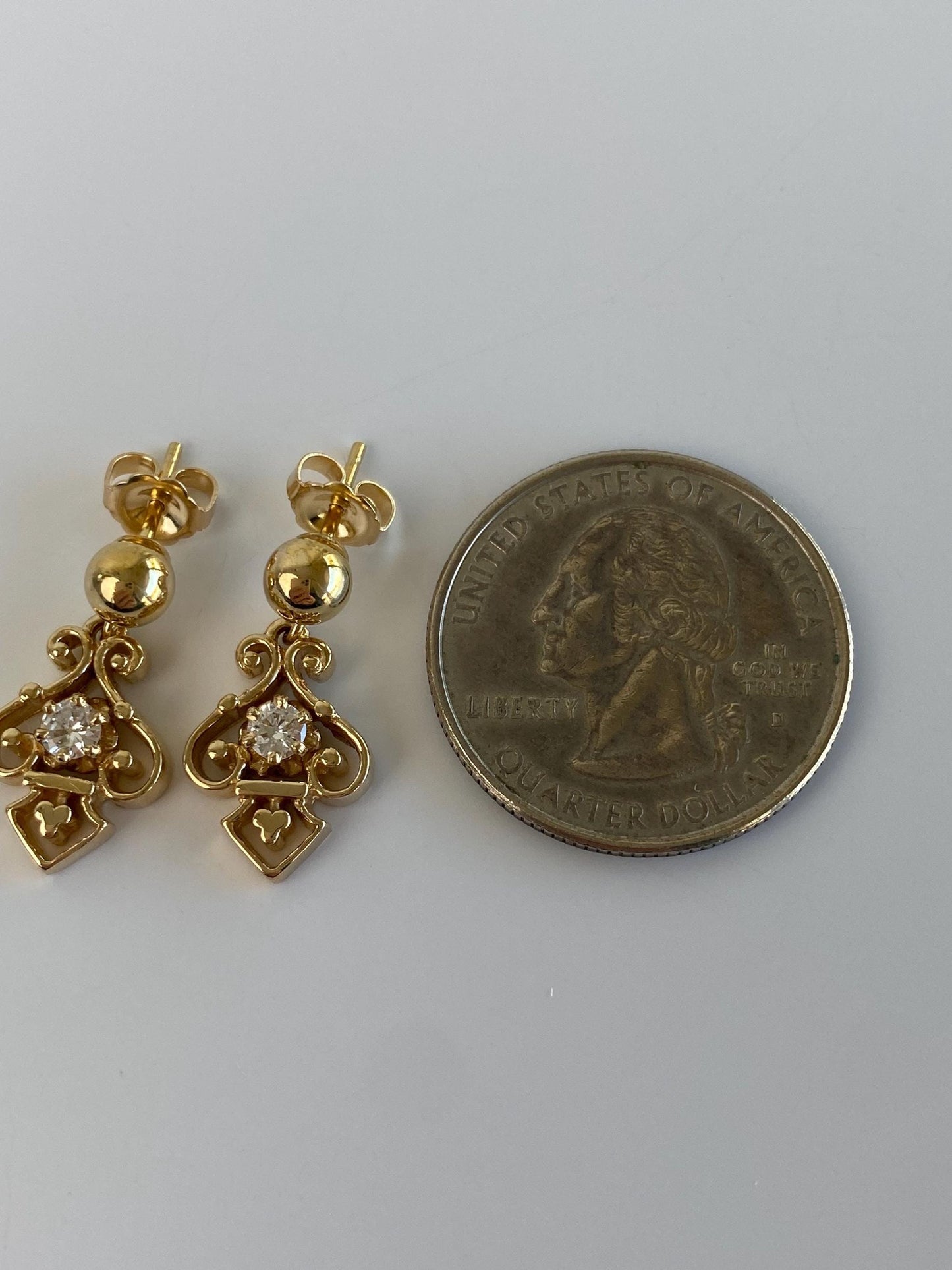 Vintage Solid 14k Yellow Gold Diamond Ornate Dangle Stud Earrings