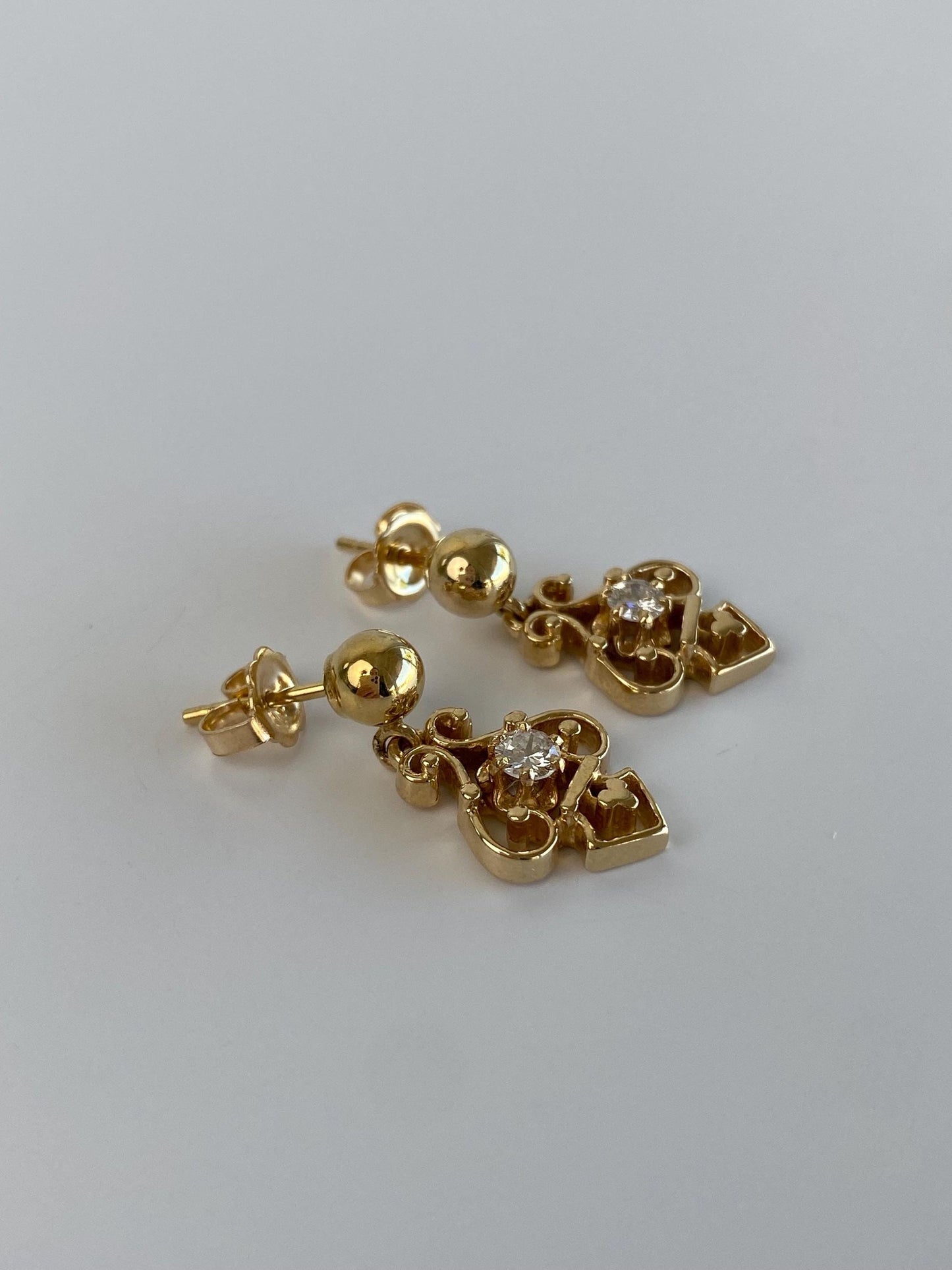 Vintage Solid 14k Yellow Gold Diamond Ornate Dangle Stud Earrings