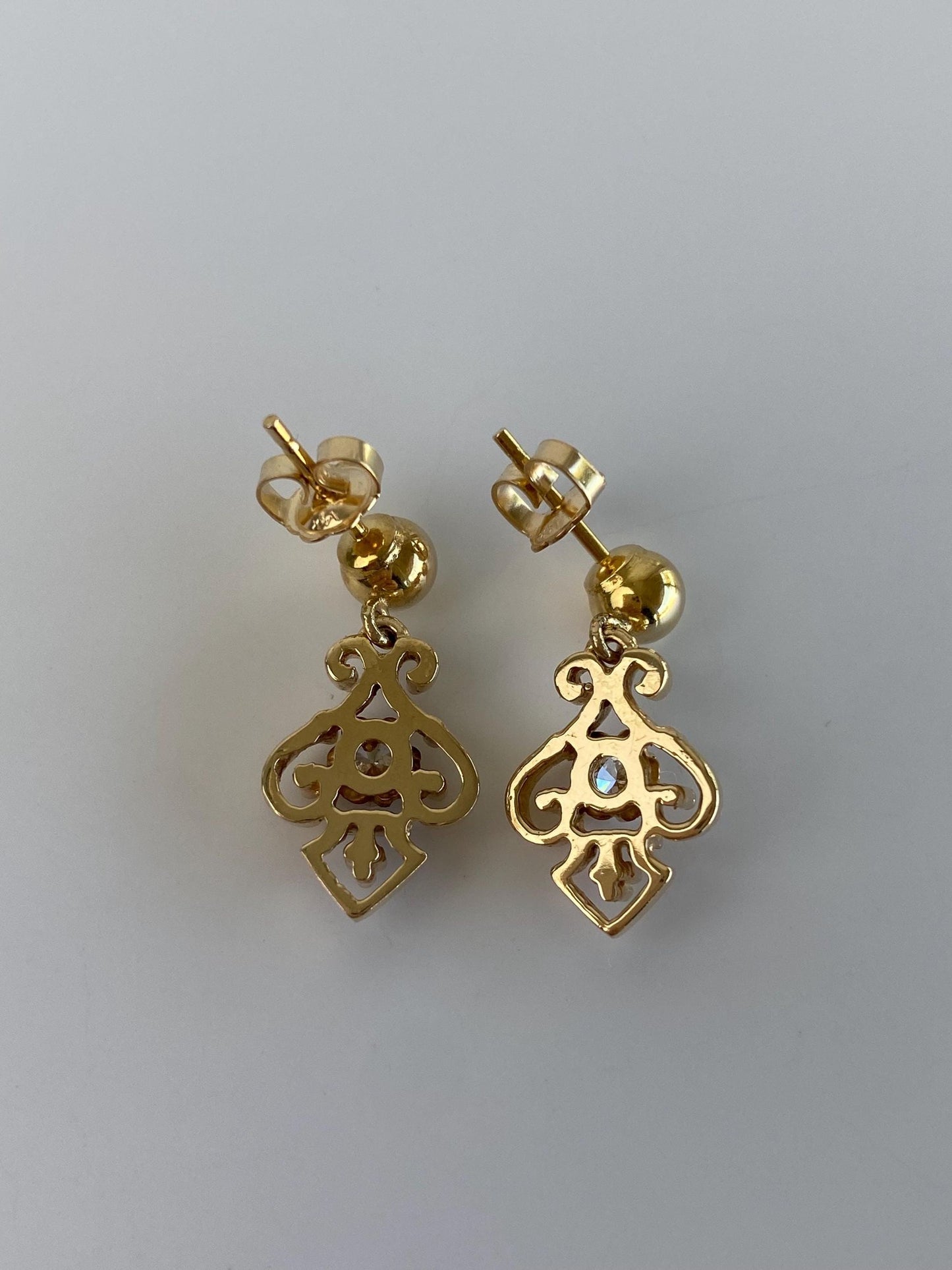 Vintage Solid 14k Yellow Gold Diamond Ornate Dangle Stud Earrings